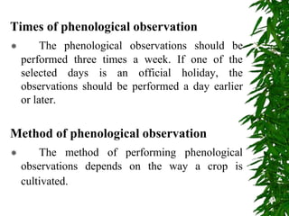 Times of phenological observation
 The phenological observations should be
performed three times a week. If one of the
selected days is an official holiday, the
observations should be performed a day earlier
or later.
Method of phenological observation
 The method of performing phenological
observations depends on the way a crop is
cultivated.
 