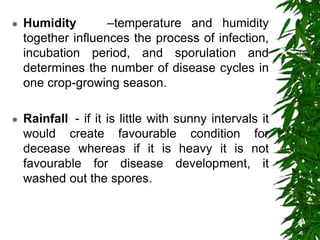  Humidity –temperature and humidity
together influences the process of infection,
incubation period, and sporulation and
determines the number of disease cycles in
one crop-growing season.
 Rainfall - if it is little with sunny intervals it
would create favourable condition for
decease whereas if it is heavy it is not
favourable for disease development, it
washed out the spores.
 