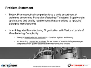 Problem Statement

•   Today, Pharmaceutical companies face a wide assortment of
    problems concerning Plant-Manufacturing IT systems, Supply chain
    applications and quality requirements that are unique to “growing”
    Biologics manufacturing.

•   In an Integrated Manufacturing Organization with Various Levels of
    Manufacturing Complexity:
         •   Taking a one size fits all approach is both short sighted and limiting

         •   Implementing customized solutions for each area of manufacturing encourages
             complexity which quickly becomes extremely difficult to sustain




                                Copyright © 2007, EnteGreat, Inc. All Rights Reserved.
 