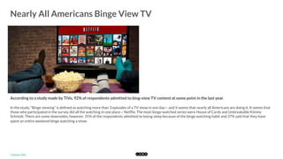  
Nearly All Americans Binge View TV
	
  
According to a study made by TiVo, 92% of respondents admitted to bing-view TV content at some point in the last year. 
In the study, “Binge viewing” is deﬁned as watching more than 3 episodes of a TV show in one day— and it seems that nearly all Americans are doing it. It seems that
those who participated in the survey did all the watching in one place— Netﬂix. The most binge-watched series were House of Cards and Unbreakable Kimmy
Schmidt. There are some downsides, however. 31% of the respondents admitted to losing sleep because of the binge watching habit and 37% said that they have
spent an entire weekend binge watching a show. 
*	
  Source:	
  TiVo	
  
 