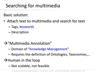 © Stephane.Marchand-Maillet@unige.ch – University of Geneva – Multimedia Retrieval – September 2015 - 12
Searching for multimedia
Basic solution:
• Attach text to multimedia and search for text
– Tags, keywords
– Description
“Multimedia Annotation”
– Domain of “Knowledge Management”
– Requires the definition of Ontologies, Taxonomies,…
Human in the loop
– Not scalable, not feasible
 