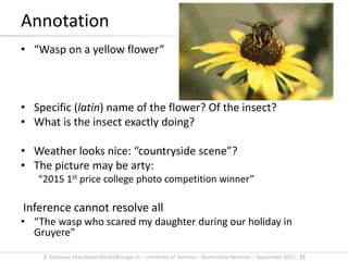 © Stephane.Marchand-Maillet@unige.ch – University of Geneva – Multimedia Retrieval – September 2015 - 15
• “Wasp on a yellow flower”
• Specific (latin) name of the flower? Of the insect?
• What is the insect exactly doing?
• Weather looks nice: “countryside scene”?
• The picture may be arty:
“2015 1st price college photo competition winner”
Inference cannot resolve all
• “The wasp who scared my daughter during our holiday in
Gruyere”
Annotation
 