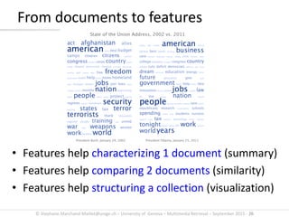 © Stephane.Marchand-Maillet@unige.ch – University of Geneva – Multimedia Retrieval – September 2015 - 26
From documents to features
• Features help characterizing 1 document (summary)
• Features help comparing 2 documents (similarity)
• Features help structuring a collection (visualization)
 
