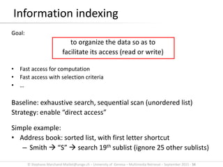 © Stephane.Marchand-Maillet@unige.ch – University of Geneva – Multimedia Retrieval – September 2015 - 34
Information indexing
Goal:
to organize the data so as to
facilitate its access (read or write)
• Fast access for computation
• Fast access with selection criteria
• …
Baseline: exhaustive search, sequential scan (unordered list)
Strategy: enable “direct access”
Simple example:
• Address book: sorted list, with first letter shortcut
– Smith  “S”  search 19th sublist (ignore 25 other sublists)
 