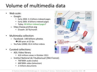 © Stephane.Marchand-Maillet@unige.ch – University of Geneva – Multimedia Retrieval – September 2015 - 49
Volume of multimedia data
• Web scale:
– Google:
• Early 2004: 4.3 billions indexed pages
• Early 2005: 8 billions indexed pages
• Today: XX billion indexed pages?
– http://www.archive.org
• Growth: 20 Tb/month
• Multimedia collection:
– Facebook: 140 billions photos
180 years at 25 fps
– YouTube (2008): 83.4 million videos
• Curated collections:
– AOL Video library
• 410 millions views in October 2011
– Institut National de l'Audiovisuel (INA-France):
• 700’000h audio (radio)
• 400’000h video (television)
• 2 millions documents
 