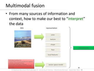 © Stephane.Marchand-Maillet@unige.ch – University of Geneva – Multimedia Retrieval – September 2015 - 98
Multimodal fusion
• From many sources of information and
context, how to make our best to “interpret”
the data
representation
color
texture
shape
face
local features
vector space model
Port;;Naval and River;;For
Transportation;;Structure;;Architecture;;Vegetabl
e Garden;;Landscape Farmland -
Countryside);;Landscape;;Landscape
(Seascape);;Landscape;;Panorama;;View of the
City;;View 98
data
Interpretation
 