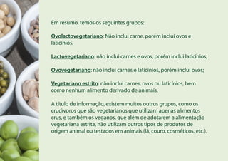 Em resumo, temos os seguintes grupos:
Ovolactovegetariano: Não inclui carne, porém inclui ovos e
laticínios.
Lactovegetariano: não inclui carnes e ovos, porém inclui laticínios;
Ovovegetariano: não inclui carnes e laticínios, porém inclui ovos;
Vegetariano estrito: não inclui carnes, ovos ou laticínios, bem
como nenhum alimento derivado de animais.
A título de informação, existem muitos outros grupos, como os
crudívoros que são vegetarianos que utilizam apenas alimentos
crus, e também os veganos, que além de adotarem a alimentação
vegetariana estrita, não utilizam outros tipos de produtos de
origem animal ou testados em animais (lã, couro, cosméticos, etc.).
 