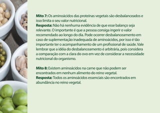 Mito 7: Os aminoácidos das proteínas vegetais são desbalanceados e
isso limita o seu valor nutricional.
Resposta: Não há nenhuma evidência de que esse balanço seja
relevante. O importante é que a pessoa consiga ingerir o valor
recomendado ao longo do dia. Pode ocorrer desbalanceamento em
caso de suplementação inadequada de aminoácidos, por isso é tão
importante ter o acompanhamento de um profissional de saúde.Vale
lembrar que a idéia do desbalanceamento é arbitrária, pois considera
a comparação com a clara do ovo em vez de considerar a necessidade
nutricional do organismo.
Mito 8: Existem aminoácidos na carne que não podem ser
encontrados em nenhum alimento do reino vegetal.
Resposta: Todos os aminoácidos essenciais são encontrados em
abundância no reino vegetal.
 
