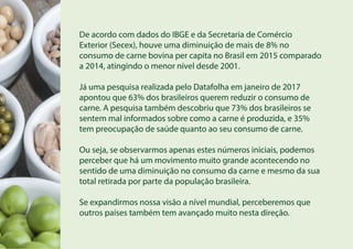 De acordo com dados do IBGE e da Secretaria de Comércio
Exterior (Secex), houve uma diminuição de mais de 8% no
consumo de carne bovina per capita no Brasil em 2015 comparado
a 2014, atingindo o menor nível desde 2001.
Já uma pesquisa realizada pelo Datafolha em janeiro de 2017
apontou que 63% dos brasileiros querem reduzir o consumo de
carne. A pesquisa também descobriu que 73% dos brasileiros se
sentem mal informados sobre como a carne é produzida, e 35%
tem preocupação de saúde quanto ao seu consumo de carne.
Ou seja, se observarmos apenas estes números iniciais, podemos
perceber que há um movimento muito grande acontecendo no
sentido de uma diminuição no consumo da carne e mesmo da sua
total retirada por parte da população brasileira.
Se expandirmos nossa visão a nível mundial, perceberemos que
outros países também tem avançado muito nesta direção.
 
