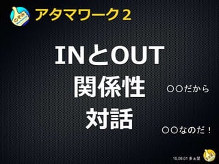 アタマワーク２
INとOUT
関係性
対話
15.08.01 多ぁ望
〇〇だから
〇〇なのだ！
 