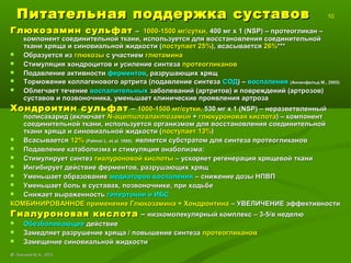 Питательная поддержка суставовПитательная поддержка суставов 10
Глюкозамин сульфатГлюкозамин сульфат –– 1000-1500 мг/сутки,1000-1500 мг/сутки, 400 мг х 1 (400 мг х 1 (NSP)NSP) – протеогликан –– протеогликан –
компонент соединительной ткани, используется для восстановления соединительнойкомпонент соединительной ткани, используется для восстановления соединительной
ткани хряща и синовиальной жидкости (ткани хряща и синовиальной жидкости (поступает 25%поступает 25%), всасывается), всасывается 26%26%******
 Образуется изОбразуется из глюкозыглюкозы с участиемс участием глютаминаглютамина
 Стимуляция хондроцитов и усиление синтезаСтимуляция хондроцитов и усиление синтеза протеогликановпротеогликанов
 Подавление активностиПодавление активности ферментовферментов, разрушающих хрящ, разрушающих хрящ
 Торможение коллагенового артрита (подавление синтезаТорможение коллагенового артрита (подавление синтеза СОДСОД) –) – воспалениявоспаления (Анненфельд М., 2005)(Анненфельд М., 2005)
 Облегчает течениеОблегчает течение воспалительныхвоспалительных заболеваний (артритов) и повреждений (артрозов)заболеваний (артритов) и повреждений (артрозов)
суставов и позвоночника, уменьшает клинические проявления артрозасуставов и позвоночника, уменьшает клинические проявления артроза
Хондроитин сульфатХондроитин сульфат –– 1000-1500 мг/сутки,1000-1500 мг/сутки, 530 мг х 1 (530 мг х 1 (NSP)NSP) – неразветвленный– неразветвленный
полисахарид (включаетполисахарид (включает N-N-ацетилгалактозаминацетилгалактозамин ++ глюкуроновая кислотаглюкуроновая кислота) – компонент) – компонент
соединительной ткани, используется организмом для восстановления соединительнойсоединительной ткани, используется организмом для восстановления соединительной
ткани хряща и синовиальной жидкости (ткани хряща и синовиальной жидкости (поступает 13%поступает 13%))
 ВсасываетсяВсасывается 12%12% ((Palmiei L. et.al, 1990Palmiei L. et.al, 1990),), является субстратом для синтеза протеогликановявляется субстратом для синтеза протеогликанов
 Подавление катаболизма и стимуляция анаболизма:Подавление катаболизма и стимуляция анаболизма:
 Стимулирует синтезСтимулирует синтез гиалуроновой кислотыгиалуроновой кислоты – ускоряет регенерация хрящевой ткани– ускоряет регенерация хрящевой ткани
 Ингибирует действие ферментов, разрушающих хрящИнгибирует действие ферментов, разрушающих хрящ
 Уменьшает образованиеУменьшает образование медиаторов воспалениямедиаторов воспаления – снижение дозы НПВП– снижение дозы НПВП
 Уменьшает боль в суставах, позвоночнике, при ходьбеУменьшает боль в суставах, позвоночнике, при ходьбе
 Снижает выраженностьСнижает выраженность гипертонии и ИБСгипертонии и ИБС
КОМБИНИРОВАННОЕ применение Глюкозамина + ХондроитинаКОМБИНИРОВАННОЕ применение Глюкозамина + Хондроитина – УВЕЛИЧЕНИЕ эффективности– УВЕЛИЧЕНИЕ эффективности
Гиалуроновая кислотаГиалуроновая кислота –– низкомолекулярный комплекс – 3-5/в неделюнизкомолекулярный комплекс – 3-5/в неделю
 ОбезболивающееОбезболивающее действиедействие
 Замедляет разрушение хряща / повышение синтезаЗамедляет разрушение хряща / повышение синтеза протеогликановпротеогликанов
 Замещение синовиальной жидкостиЗамещение синовиальной жидкости
©© Лысиков Ю.А., 2015Лысиков Ю.А., 2015
 