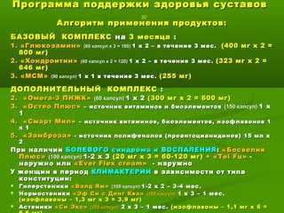 Программа поддержки здоровья суставовПрограмма поддержки здоровья суставов
20
Алгоритм применения продуктов:Алгоритм применения продуктов:
БАЗОВЫЙ КОМПЛЕКСБАЗОВЫЙ КОМПЛЕКС нана 3 месяца3 месяца ::
1. «Глюкозамин»1. «Глюкозамин» (60 капсул х 3 = 180)(60 капсул х 3 = 180) 1 х 2 – в течение1 х 2 – в течение 3 мес.3 мес. (400 мг х 2 =(400 мг х 2 =
800 мг)800 мг)
2. «Хондроитин»2. «Хондроитин» (60 капсул х 2 = 120)(60 капсул х 2 = 120) 1 х 21 х 2 – в течение– в течение 3 мес.3 мес. (323 мг х 2 =(323 мг х 2 =
646 мг)646 мг)
3.3. «МСМ»«МСМ» (90 капсул)(90 капсул) 1 х 1 в течение 3 мес.1 х 1 в течение 3 мес. (255 мг)(255 мг)
ДОПОЛНИТЕЛЬНЫЙ КОМПЛЕКСДОПОЛНИТЕЛЬНЫЙ КОМПЛЕКС ::
2. «Омега-3 ПНЖК»2. «Омега-3 ПНЖК» (60 капсул)(60 капсул) 1 х 21 х 2 (300 мг х 2 = 600 мг)(300 мг х 2 = 600 мг)
3. «Остео Плюс»3. «Остео Плюс» – источник витаминов и биоэлементов– источник витаминов и биоэлементов (150 капсул)(150 капсул) 1 х1 х
11
4. «Смарт Мил»4. «Смарт Мил» – источник витаминов, биоэлементов, изофлавонов 1– источник витаминов, биоэлементов, изофлавонов 1
х 1х 1
5. «Замброза»5. «Замброза» - источник полифенолов (проантоцианидинов) 15 мл х- источник полифенолов (проантоцианидинов) 15 мл х
22
При наличииПри наличии БОЛЕВОГО синдрома и ВОСПАЛЕНИЯБОЛЕВОГО синдрома и ВОСПАЛЕНИЯ :: «Босвелия«Босвелия
Плюс»Плюс» (100 капсул)(100 капсул) 1-2 х 31-2 х 3 (20 мг х 3 = 60-120 мг)(20 мг х 3 = 60-120 мг) ++ «Т«Тeiei FuFu»» --
наружно илинаружно или ««Ever Flex creamEver Flex cream»» -- наружнонаружно
У женщин в периодУ женщин в период КЛИМАКТЕРИИКЛИМАКТЕРИИ в зависимости от типав зависимости от типа
конституции:конституции:
 ГиперстеникиГиперстеники «Валд Ям»«Валд Ям» (100 капсул)(100 капсул) 1-2 х 2 – 3-4 мес.1-2 х 2 – 3-4 мес.
 НормостеникиНормостеники «Эф Си с Донг Ква»«Эф Си с Донг Ква» (100 капсул)(100 капсул) 1 х 3 – 1 мес.1 х 3 – 1 мес.
(изофлавоны – 1,3 мг х 3 = 3,9 мг)(изофлавоны – 1,3 мг х 3 = 3,9 мг)
 АстеникиАстеники «Си Экс»«Си Экс» (100 капсул)(100 капсул) 2 х 3 – 1 мес.2 х 3 – 1 мес. (изофлавоны – 1,1 мг х 6 =(изофлавоны – 1,1 мг х 6 =
 