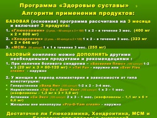 Программа «Здоровые суставы»Программа «Здоровые суставы» 9
Алгоритм применения продуктов:Алгоритм применения продуктов:
БАЗОВАЯБАЗОВАЯ (основная) программа рассчитана на(основная) программа рассчитана на 3 месяца3 месяца
и включаети включает 3 продукта3 продукта::
1.1. «Глюкозамин»«Глюкозамин» (3 упак. – 60 капсул х 3 = 180)(3 упак. – 60 капсул х 3 = 180) 1 х 2 – в течение1 х 2 – в течение 3 мес.3 мес. (400 мг(400 мг
х 2 = 800 мг)х 2 = 800 мг)
2.2. «Хондроитин»«Хондроитин» (2 упак. – 60 капсул х 2 = 120)(2 упак. – 60 капсул х 2 = 120) 1 х 21 х 2 – в течение– в течение 3 мес.3 мес. (323 мг(323 мг
х 2 = 646 мг)х 2 = 646 мг)
3.3. «МСМ»«МСМ» (90 капсул)(90 капсул) 1 х 1 в течение 3 мес.1 х 1 в течение 3 мес. (255 мг)(255 мг)
БАЗОВЫЙБАЗОВЫЙ комплекс можнокомплекс можно ДОПОЛНЯТЬДОПОЛНЯТЬ другимидругими
необходимыми продуктами и рекомендациями :необходимыми продуктами и рекомендациями :
1. При наличии болевого синдрома –1. При наличии болевого синдрома – «Босвелия Плюс»«Босвелия Плюс» (100 капсул)(100 капсул) 1-21-2
х 3х 3 (20 мг х 3 = 60-120 мг)(20 мг х 3 = 60-120 мг) ++ «Т«Т eiei FuFu»» - наружно или- наружно или ««Ever FlexEver Flex
creamcream »» -- наружнонаружно
2. У женщин в период климактерии в зависимости от типа2. У женщин в период климактерии в зависимости от типа
конституции:конституции:
 ГиперстеникиГиперстеники «Валд Ям»«Валд Ям» (100 капсул)(100 капсул) 1-2 х 2 – 3-4 мес.1-2 х 2 – 3-4 мес.
 НормостеникиНормостеники «Эф Си с Донг Ква»«Эф Си с Донг Ква» (100 капсул)(100 капсул) 1 х 3 – 1 мес.1 х 3 – 1 мес.
(изофлавоны – 1,3 мг х 3 = 3,9 мг)(изофлавоны – 1,3 мг х 3 = 3,9 мг)
 АстеникиАстеники «Си Экс»«Си Экс» (100 капсул)(100 капсул) 2 х 3 – 1 мес.2 х 3 – 1 мес. (изофлавоны – 1,1 мг х 6 =(изофлавоны – 1,1 мг х 6 =
6,6 мг)6,6 мг)
 Женщины вне менопаузыЖенщины вне менопаузы ««Pro-G-Yam creamPro-G-Yam cream »» - наружно- наружно
Достаточно ли Глюкозамина, Хондроитина, МСМ иДостаточно ли Глюкозамина, Хондроитина, МСМ и
 