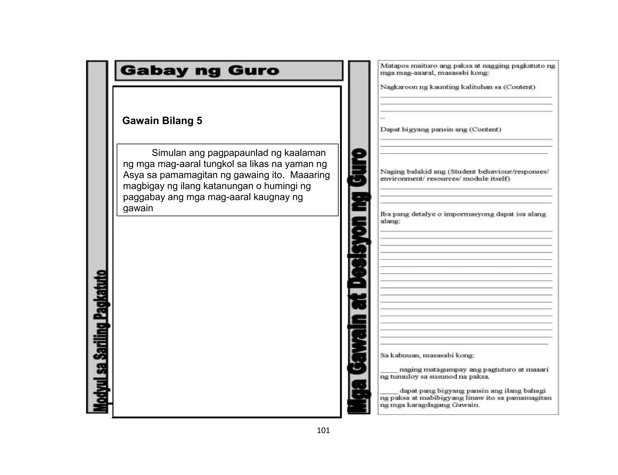 101
Gawain Bilang 5
Simulan ang pagpapaunlad ng kaalaman
ng mga mag-aaral tungkol sa likas na yaman ng
Asya sa pamamagitan ng gawaing ito. Maaaring
magbigay ng ilang katanungan o humingi ng
paggabay ang mga mag-aaral kaugnay ng
gawain
 