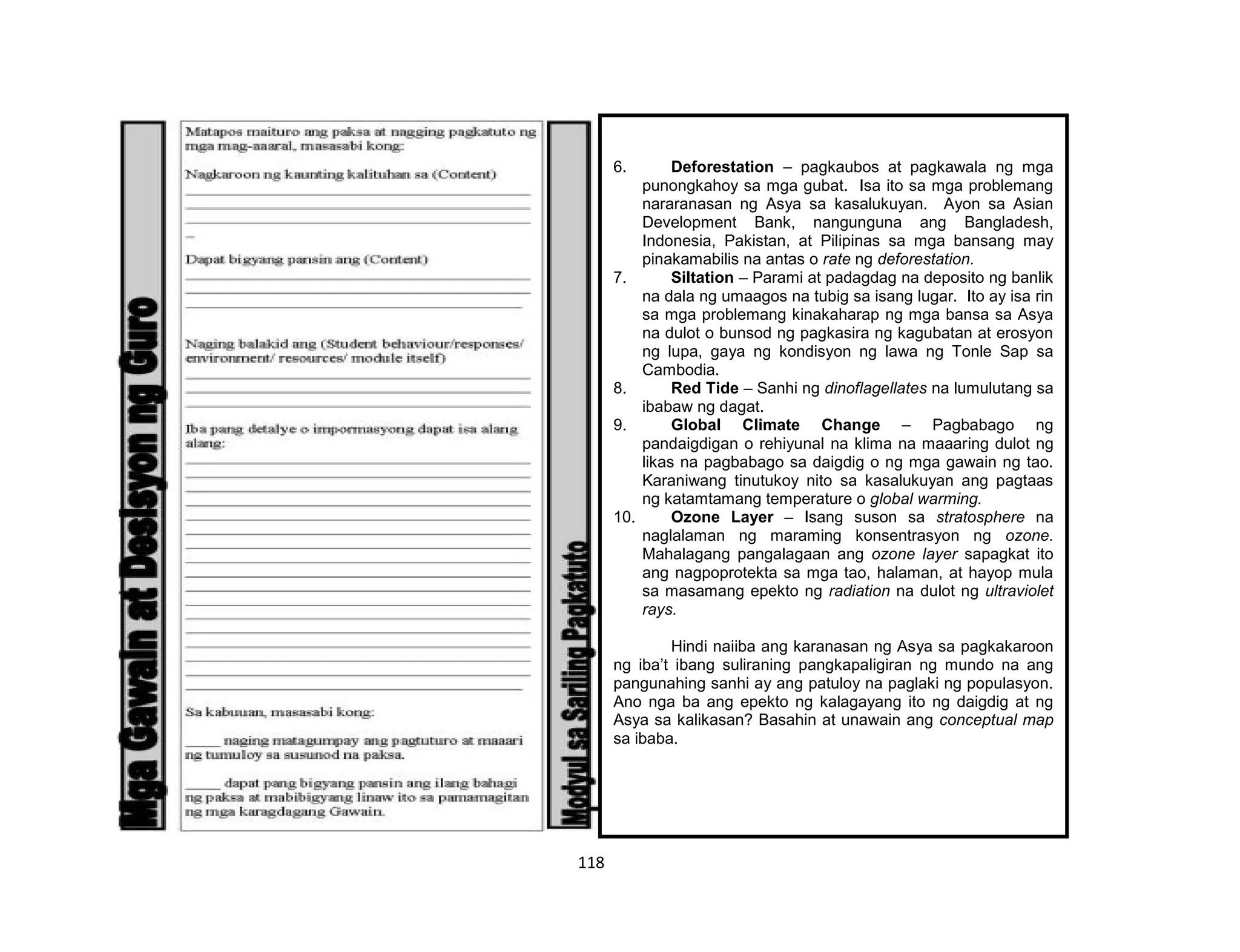 118
6. Deforestation – pagkaubos at pagkawala ng mga
punongkahoy sa mga gubat. Isa ito sa mga problemang
nararanasan ng Asya sa kasalukuyan. Ayon sa Asian
Development Bank, nangunguna ang Bangladesh,
Indonesia, Pakistan, at Pilipinas sa mga bansang may
pinakamabilis na antas o rate ng deforestation.
7. Siltation – Parami at padagdag na deposito ng banlik
na dala ng umaagos na tubig sa isang lugar. Ito ay isa rin
sa mga problemang kinakaharap ng mga bansa sa Asya
na dulot o bunsod ng pagkasira ng kagubatan at erosyon
ng lupa, gaya ng kondisyon ng lawa ng Tonle Sap sa
Cambodia.
8. Red Tide – Sanhi ng dinoflagellates na lumulutang sa
ibabaw ng dagat.
9. Global Climate Change – Pagbabago ng
pandaigdigan o rehiyunal na klima na maaaring dulot ng
likas na pagbabago sa daigdig o ng mga gawain ng tao.
Karaniwang tinutukoy nito sa kasalukuyan ang pagtaas
ng katamtamang temperature o global warming.
10. Ozone Layer – Isang suson sa stratosphere na
naglalaman ng maraming konsentrasyon ng ozone.
Mahalagang pangalagaan ang ozone layer sapagkat ito
ang nagpoprotekta sa mga tao, halaman, at hayop mula
sa masamang epekto ng radiation na dulot ng ultraviolet
rays.
Hindi naiiba ang karanasan ng Asya sa pagkakaroon
ng iba’t ibang suliraning pangkapaligiran ng mundo na ang
pangunahing sanhi ay ang patuloy na paglaki ng populasyon.
Ano nga ba ang epekto ng kalagayang ito ng daigdig at ng
Asya sa kalikasan? Basahin at unawain ang conceptual map
sa ibaba.
 