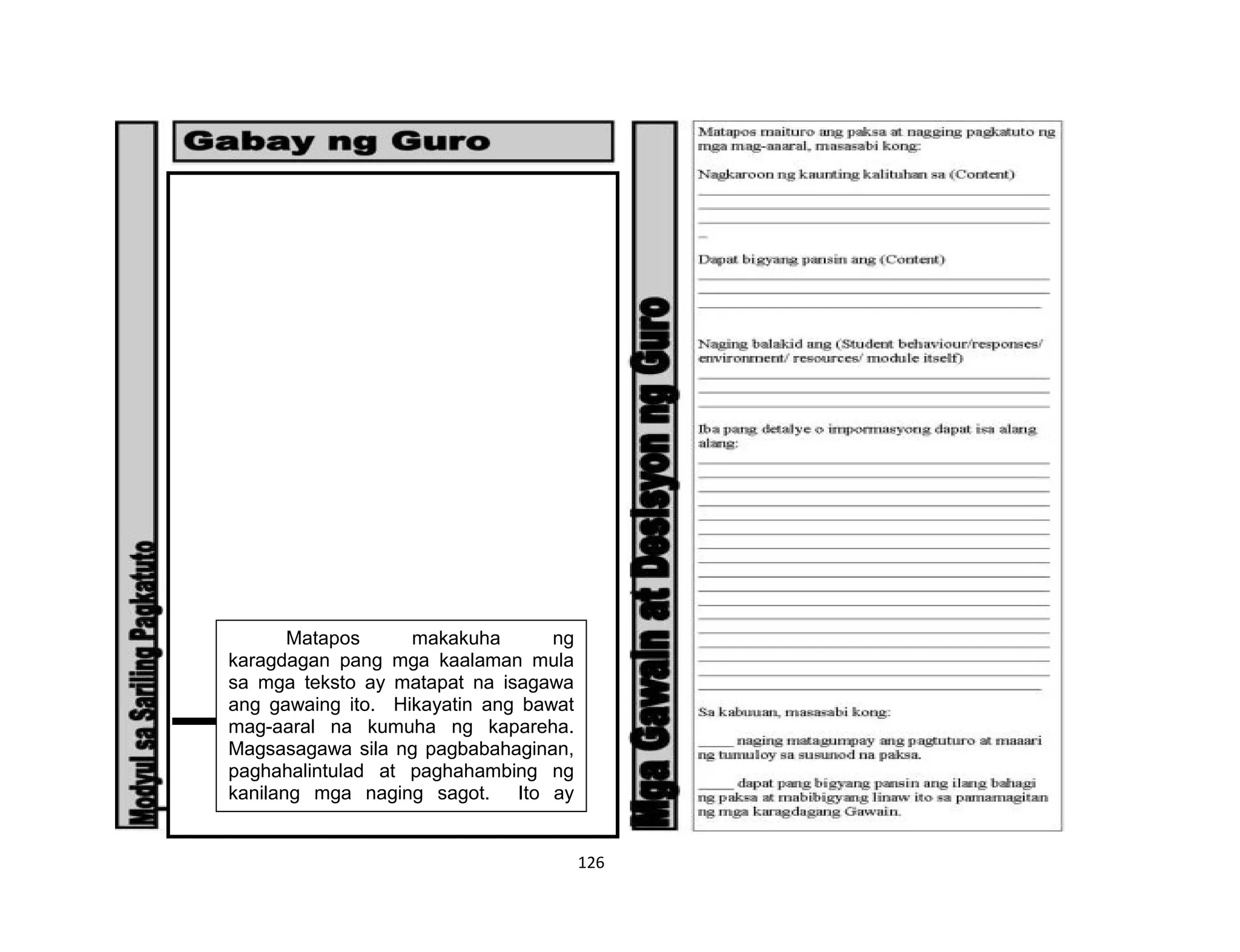 126
Matapos makakuha ng
karagdagan pang mga kaalaman mula
sa mga teksto ay matapat na isagawa
ang gawaing ito. Hikayatin ang bawat
mag-aaral na kumuha ng kapareha.
Magsasagawa sila ng pagbabahaginan,
paghahalintulad at paghahambing ng
kanilang mga naging sagot. Ito ay
upang magkaroon ng peer learning
mula sa nabuong pagkaunawa ng bawat
isa.
 
