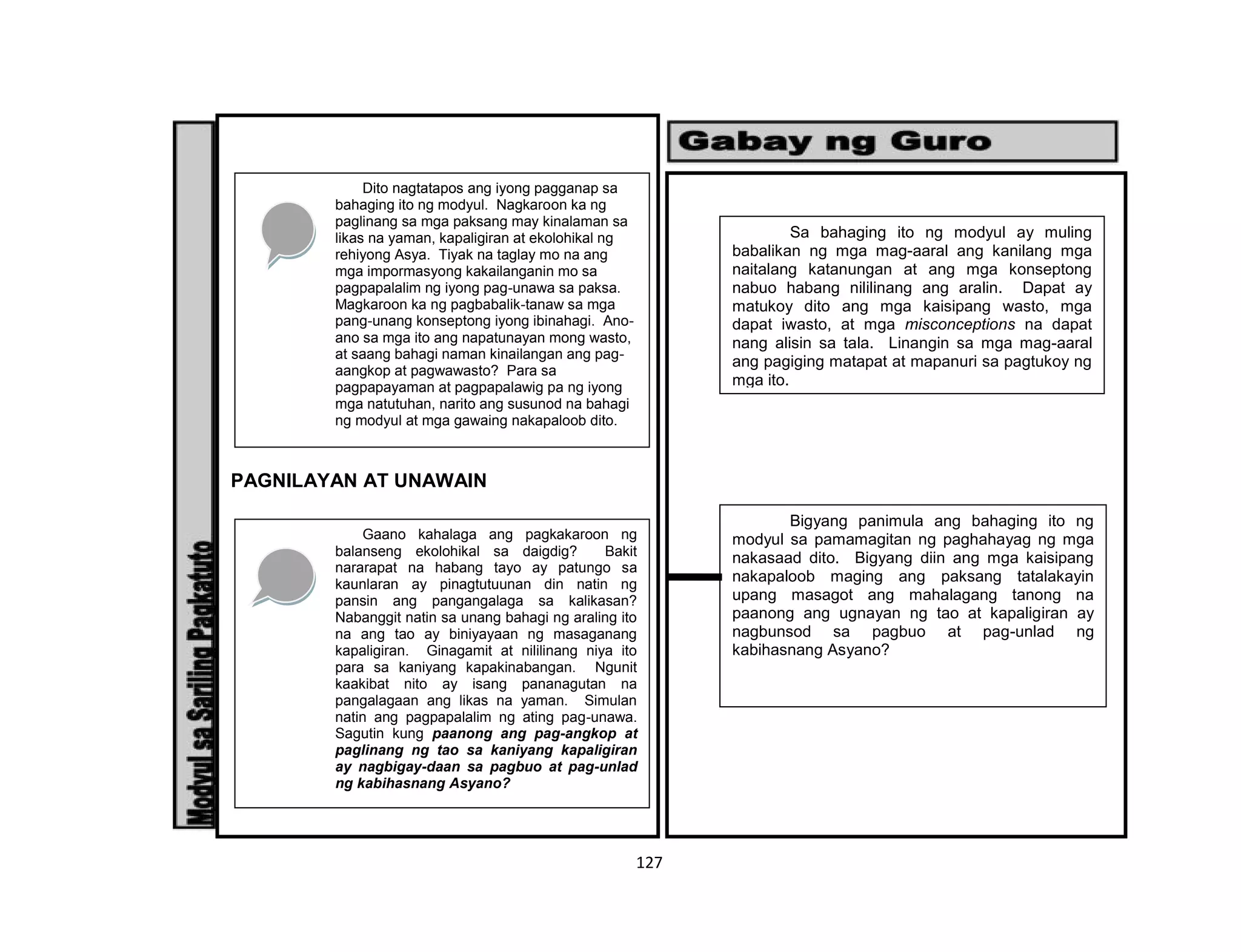 127
PAGNILAYAN AT UNAWAIN
Dito nagtatapos ang iyong pagganap sa
bahaging ito ng modyul. Nagkaroon ka ng
paglinang sa mga paksang may kinalaman sa
likas na yaman, kapaligiran at ekolohikal ng
rehiyong Asya. Tiyak na taglay mo na ang
mga impormasyong kakailanganin mo sa
pagpapalalim ng iyong pag-unawa sa paksa.
Magkaroon ka ng pagbabalik-tanaw sa mga
pang-unang konseptong iyong ibinahagi. Ano-
ano sa mga ito ang napatunayan mong wasto,
at saang bahagi naman kinailangan ang pag-
aangkop at pagwawasto? Para sa
pagpapayaman at pagpapalawig pa ng iyong
mga natutuhan, narito ang susunod na bahagi
ng modyul at mga gawaing nakapaloob dito.
Gaano kahalaga ang pagkakaroon ng
balanseng ekolohikal sa daigdig? Bakit
nararapat na habang tayo ay patungo sa
kaunlaran ay pinagtutuunan din natin ng
pansin ang pangangalaga sa kalikasan?
Nabanggit natin sa unang bahagi ng araling ito
na ang tao ay biniyayaan ng masaganang
kapaligiran. Ginagamit at nililinang niya ito
para sa kaniyang kapakinabangan. Ngunit
kaakibat nito ay isang pananagutan na
pangalagaan ang likas na yaman. Simulan
natin ang pagpapalalim ng ating pag-unawa.
Sagutin kung paanong ang pag-angkop at
paglinang ng tao sa kaniyang kapaligiran
ay nagbigay-daan sa pagbuo at pag-unlad
ng kabihasnang Asyano?
Sa bahaging ito ng modyul ay muling
babalikan ng mga mag-aaral ang kanilang mga
naitalang katanungan at ang mga konseptong
nabuo habang nililinang ang aralin. Dapat ay
matukoy dito ang mga kaisipang wasto, mga
dapat iwasto, at mga misconceptions na dapat
nang alisin sa tala. Linangin sa mga mag-aaral
ang pagiging matapat at mapanuri sa pagtukoy ng
mga ito.
Bigyang panimula ang bahaging ito ng
modyul sa pamamagitan ng paghahayag ng mga
nakasaad dito. Bigyang diin ang mga kaisipang
nakapaloob maging ang paksang tatalakayin
upang masagot ang mahalagang tanong na
paanong ang ugnayan ng tao at kapaligiran ay
nagbunsod sa pagbuo at pag-unlad ng
kabihasnang Asyano?
 