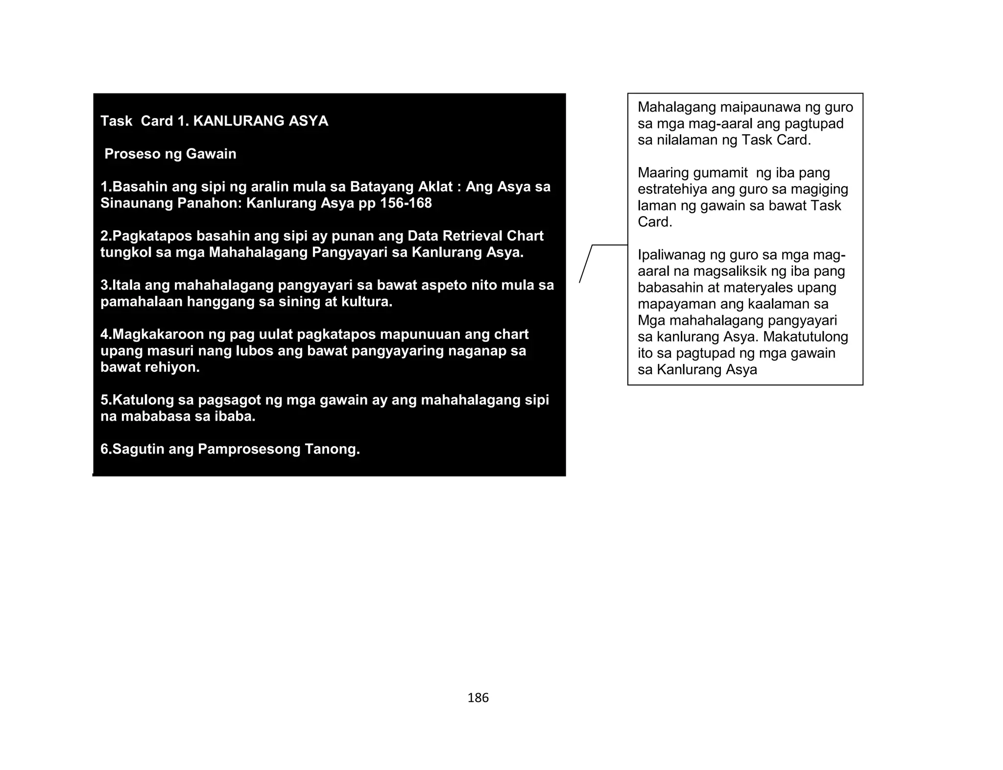 186
Task Card 1. KANLURANG ASYA
Proseso ng Gawain
1.Basahin ang sipi ng aralin mula sa Batayang Aklat : Ang Asya sa
Sinaunang Panahon: Kanlurang Asya pp 156-168
2.Pagkatapos basahin ang sipi ay punan ang Data Retrieval Chart
tungkol sa mga Mahahalagang Pangyayari sa Kanlurang Asya.
3.Itala ang mahahalagang pangyayari sa bawat aspeto nito mula sa
pamahalaan hanggang sa sining at kultura.
4.Magkakaroon ng pag uulat pagkatapos mapunuuan ang chart
upang masuri nang lubos ang bawat pangyayaring naganap sa
bawat rehiyon.
5.Katulong sa pagsagot ng mga gawain ay ang mahahalagang sipi
na mababasa sa ibaba.
6.Sagutin ang Pamprosesong Tanong.
Mahalagang maipaunawa ng guro
sa mga mag-aaral ang pagtupad
sa nilalaman ng Task Card.
Maaring gumamit ng iba pang
estratehiya ang guro sa magiging
laman ng gawain sa bawat Task
Card.
Ipaliwanag ng guro sa mga mag-
aaral na magsaliksik ng iba pang
babasahin at materyales upang
mapayaman ang kaalaman sa
Mga mahahalagang pangyayari
sa kanlurang Asya. Makatutulong
ito sa pagtupad ng mga gawain
sa Kanlurang Asya
 