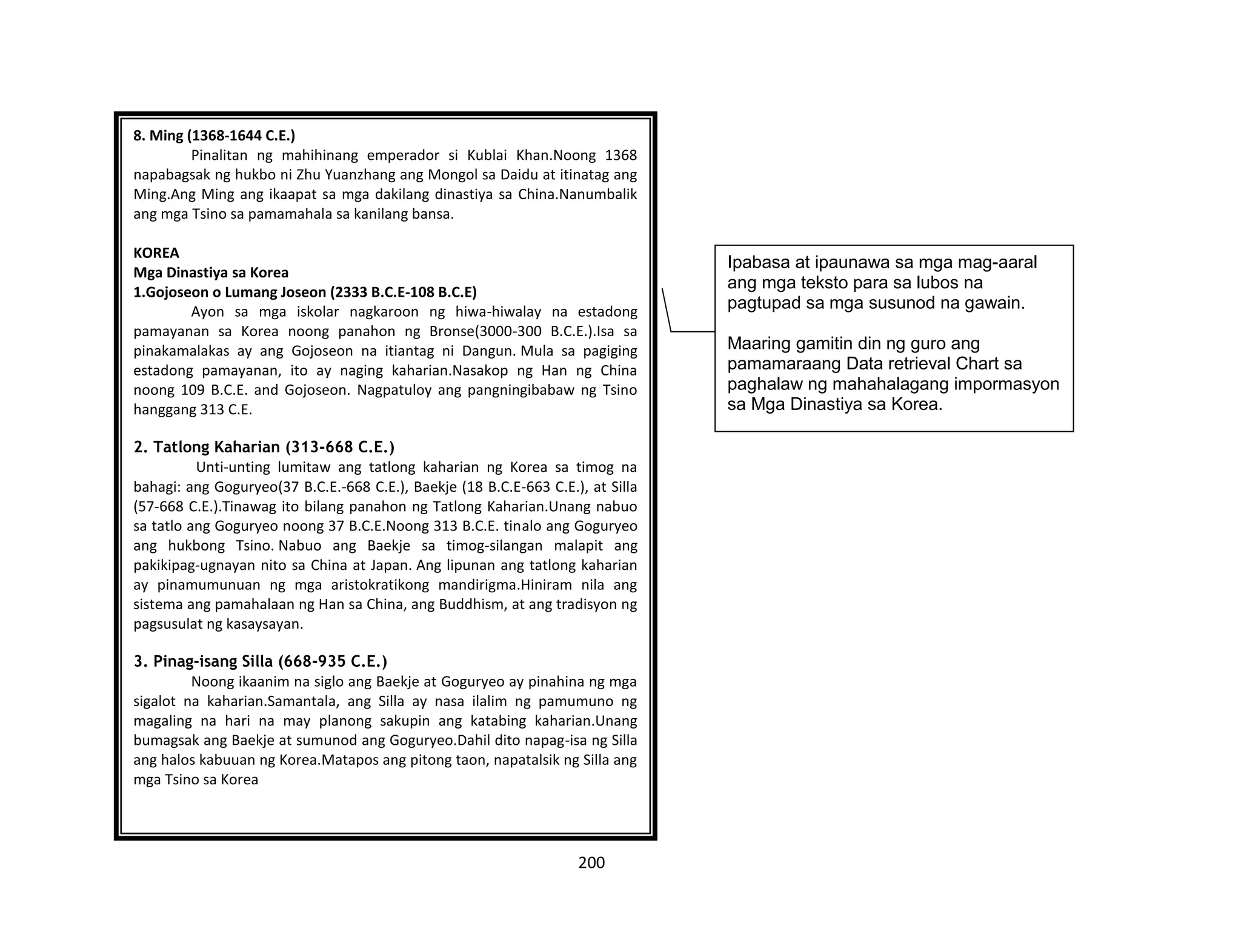 200
8. Ming (1368-1644 C.E.)
Pinalitan ng mahihinang emperador si Kublai Khan.Noong 1368
napabagsak ng hukbo ni Zhu Yuanzhang ang Mongol sa Daidu at itinatag ang
Ming.Ang Ming ang ikaapat sa mga dakilang dinastiya sa China.Nanumbalik
ang mga Tsino sa pamamahala sa kanilang bansa.
KOREA
Mga Dinastiya sa Korea
1.Gojoseon o Lumang Joseon (2333 B.C.E-108 B.C.E)
Ayon sa mga iskolar nagkaroon ng hiwa-hiwalay na estadong
pamayanan sa Korea noong panahon ng Bronse(3000-300 B.C.E.).Isa sa
pinakamalakas ay ang Gojoseon na itiantag ni Dangun. Mula sa pagiging
estadong pamayanan, ito ay naging kaharian.Nasakop ng Han ng China
noong 109 B.C.E. and Gojoseon. Nagpatuloy ang pangningibabaw ng Tsino
hanggang 313 C.E.
2. Tatlong Kaharian (313-668 C.E.)
Unti-unting lumitaw ang tatlong kaharian ng Korea sa timog na
bahagi: ang Goguryeo(37 B.C.E.-668 C.E.), Baekje (18 B.C.E-663 C.E.), at Silla
(57-668 C.E.).Tinawag ito bilang panahon ng Tatlong Kaharian.Unang nabuo
sa tatlo ang Goguryeo noong 37 B.C.E.Noong 313 B.C.E. tinalo ang Goguryeo
ang hukbong Tsino. Nabuo ang Baekje sa timog-silangan malapit ang
pakikipag-ugnayan nito sa China at Japan. Ang lipunan ang tatlong kaharian
ay pinamumunuan ng mga aristokratikong mandirigma.Hiniram nila ang
sistema ang pamahalaan ng Han sa China, ang Buddhism, at ang tradisyon ng
pagsusulat ng kasaysayan.
3. Pinag-isang Silla (668-935 C.E.)
Noong ikaanim na siglo ang Baekje at Goguryeo ay pinahina ng mga
sigalot na kaharian.Samantala, ang Silla ay nasa ilalim ng pamumuno ng
magaling na hari na may planong sakupin ang katabing kaharian.Unang
bumagsak ang Baekje at sumunod ang Goguryeo.Dahil dito napag-isa ng Silla
ang halos kabuuan ng Korea.Matapos ang pitong taon, napatalsik ng Silla ang
mga Tsino sa Korea
Ipabasa at ipaunawa sa mga mag-aaral
ang mga teksto para sa lubos na
pagtupad sa mga susunod na gawain.
Maaring gamitin din ng guro ang
pamamaraang Data retrieval Chart sa
paghalaw ng mahahalagang impormasyon
sa Mga Dinastiya sa Korea.
 