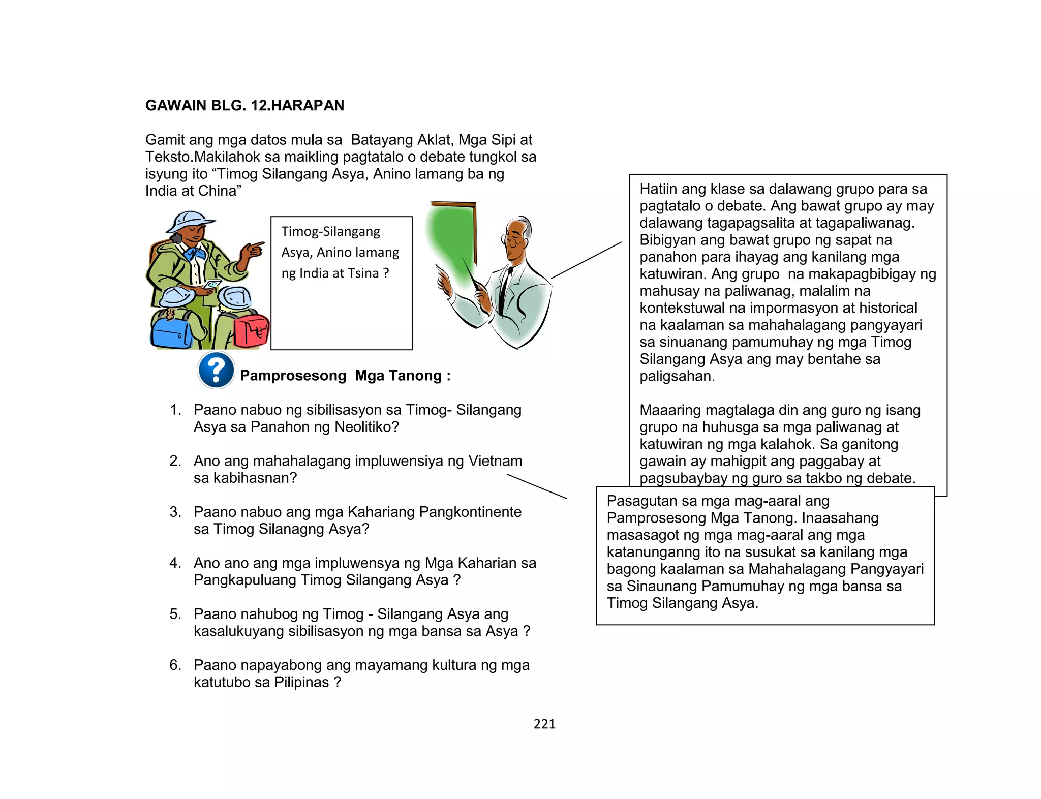 221
GAWAIN BLG. 12.HARAPAN
Gamit ang mga datos mula sa Batayang Aklat, Mga Sipi at
Teksto.Makilahok sa maikling pagtatalo o debate tungkol sa
isyung ito “Timog Silangang Asya, Anino lamang ba ng
India at China”
Pamprosesong Mga Tanong :
1. Paano nabuo ng sibilisasyon sa Timog- Silangang
Asya sa Panahon ng Neolitiko?
2. Ano ang mahahalagang impluwensiya ng Vietnam
sa kabihasnan?
3. Paano nabuo ang mga Kahariang Pangkontinente
sa Timog Silanagng Asya?
4. Ano ano ang mga impluwensya ng Mga Kaharian sa
Pangkapuluang Timog Silangang Asya ?
5. Paano nahubog ng Timog - Silangang Asya ang
kasalukuyang sibilisasyon ng mga bansa sa Asya ?
6. Paano napayabong ang mayamang kultura ng mga
katutubo sa Pilipinas ?
Timog-Silangang
Asya, Anino lamang
ng India at Tsina ?
Hatiin ang klase sa dalawang grupo para sa
pagtatalo o debate. Ang bawat grupo ay may
dalawang tagapagsalita at tagapaliwanag.
Bibigyan ang bawat grupo ng sapat na
panahon para ihayag ang kanilang mga
katuwiran. Ang grupo na makapagbibigay ng
mahusay na paliwanag, malalim na
kontekstuwal na impormasyon at historical
na kaalaman sa mahahalagang pangyayari
sa sinuanang pamumuhay ng mga Timog
Silangang Asya ang may bentahe sa
paligsahan.
Maaaring magtalaga din ang guro ng isang
grupo na huhusga sa mga paliwanag at
katuwiran ng mga kalahok. Sa ganitong
gawain ay mahigpit ang paggabay at
pagsubaybay ng guro sa takbo ng debate.
Pasagutan sa mga mag-aaral ang
Pamprosesong Mga Tanong. Inaasahang
masasagot ng mga mag-aaral ang mga
katanunganng ito na susukat sa kanilang mga
bagong kaalaman sa Mahahalagang Pangyayari
sa Sinaunang Pamumuhay ng mga bansa sa
Timog Silangang Asya.
 