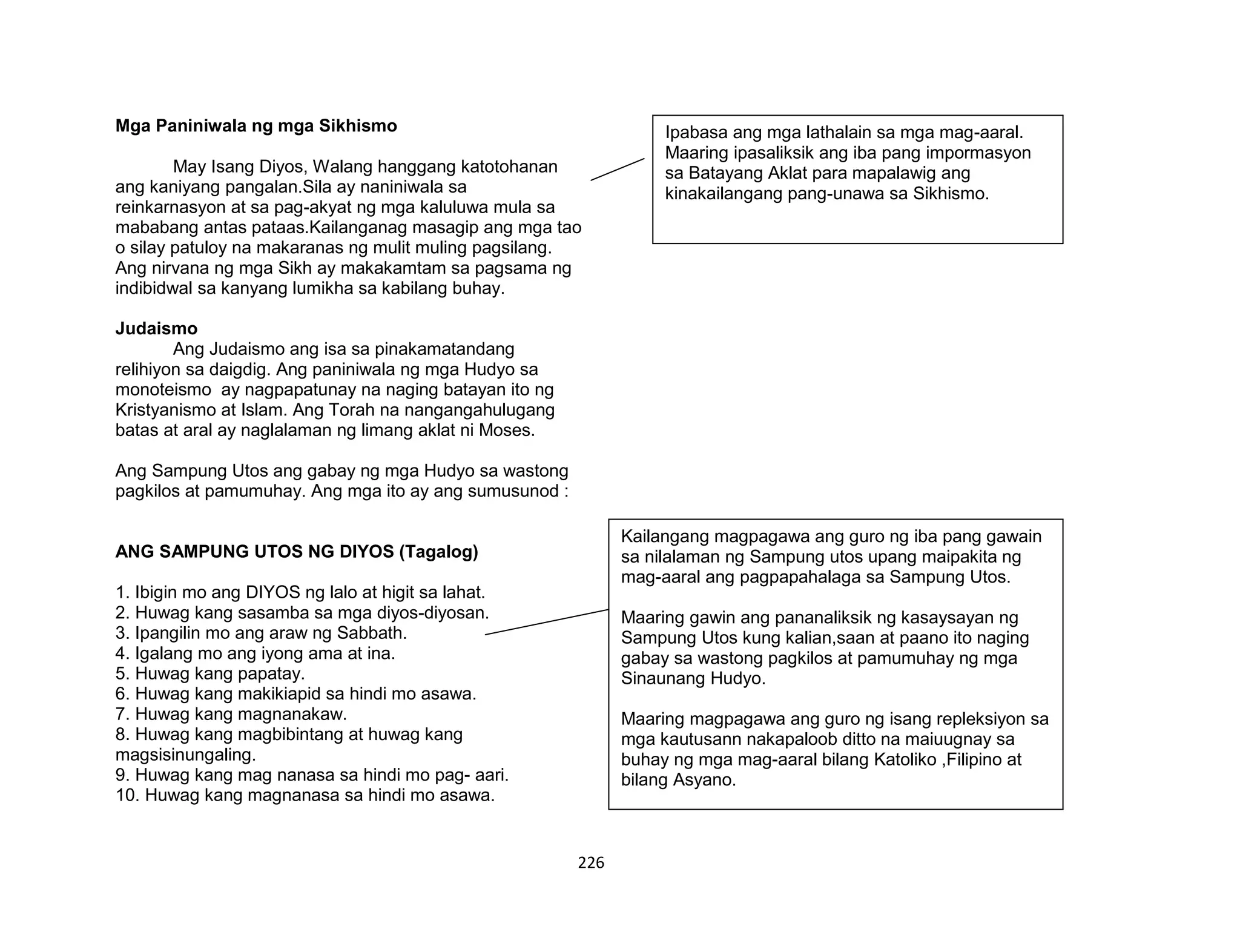 226
Mga Paniniwala ng mga Sikhismo
May Isang Diyos, Walang hanggang katotohanan
ang kaniyang pangalan.Sila ay naniniwala sa
reinkarnasyon at sa pag-akyat ng mga kaluluwa mula sa
mababang antas pataas.Kailanganag masagip ang mga tao
o silay patuloy na makaranas ng mulit muling pagsilang.
Ang nirvana ng mga Sikh ay makakamtam sa pagsama ng
indibidwal sa kanyang lumikha sa kabilang buhay.
Judaismo
Ang Judaismo ang isa sa pinakamatandang
relihiyon sa daigdig. Ang paniniwala ng mga Hudyo sa
monoteismo ay nagpapatunay na naging batayan ito ng
Kristyanismo at Islam. Ang Torah na nangangahulugang
batas at aral ay naglalaman ng limang aklat ni Moses.
Ang Sampung Utos ang gabay ng mga Hudyo sa wastong
pagkilos at pamumuhay. Ang mga ito ay ang sumusunod :
ANG SAMPUNG UTOS NG DIYOS (Tagalog)
1. Ibigin mo ang DIYOS ng lalo at higit sa lahat.
2. Huwag kang sasamba sa mga diyos-diyosan.
3. Ipangilin mo ang araw ng Sabbath.
4. Igalang mo ang iyong ama at ina.
5. Huwag kang papatay.
6. Huwag kang makikiapid sa hindi mo asawa.
7. Huwag kang magnanakaw.
8. Huwag kang magbibintang at huwag kang
magsisinungaling.
9. Huwag kang mag nanasa sa hindi mo pag- aari.
10. Huwag kang magnanasa sa hindi mo asawa.
Ipabasa ang mga lathalain sa mga mag-aaral.
Maaring ipasaliksik ang iba pang impormasyon
sa Batayang Aklat para mapalawig ang
kinakailangang pang-unawa sa Sikhismo.
Kailangang magpagawa ang guro ng iba pang gawain
sa nilalaman ng Sampung utos upang maipakita ng
mag-aaral ang pagpapahalaga sa Sampung Utos.
Maaring gawin ang pananaliksik ng kasaysayan ng
Sampung Utos kung kalian,saan at paano ito naging
gabay sa wastong pagkilos at pamumuhay ng mga
Sinaunang Hudyo.
Maaring magpagawa ang guro ng isang repleksiyon sa
mga kautusann nakapaloob ditto na maiuugnay sa
buhay ng mga mag-aaral bilang Katoliko ,Filipino at
bilang Asyano.
 