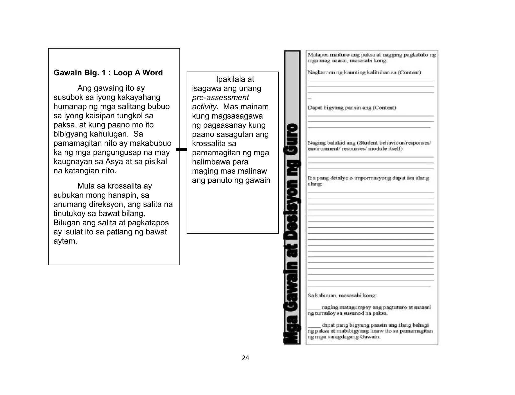 24
Ipakilala at
isagawa ang unang
pre-assessment
activity. Mas mainam
kung magsasagawa
ng pagsasanay kung
paano sasagutan ang
krossalita sa
pamamagitan ng mga
halimbawa para
maging mas malinaw
ang panuto ng gawain
Gawain Blg. 1 : Loop A Word
Ang gawaing ito ay
susubok sa iyong kakayahang
humanap ng mga salitang bubuo
sa iyong kaisipan tungkol sa
paksa, at kung paano mo ito
bibigyang kahulugan. Sa
pamamagitan nito ay makabubuo
ka ng mga pangungusap na may
kaugnayan sa Asya at sa pisikal
na katangian nito.
Mula sa krossalita ay
subukan mong hanapin, sa
anumang direksyon, ang salita na
tinutukoy sa bawat bilang.
Bilugan ang salita at pagkatapos
ay isulat ito sa patlang ng bawat
aytem.
 