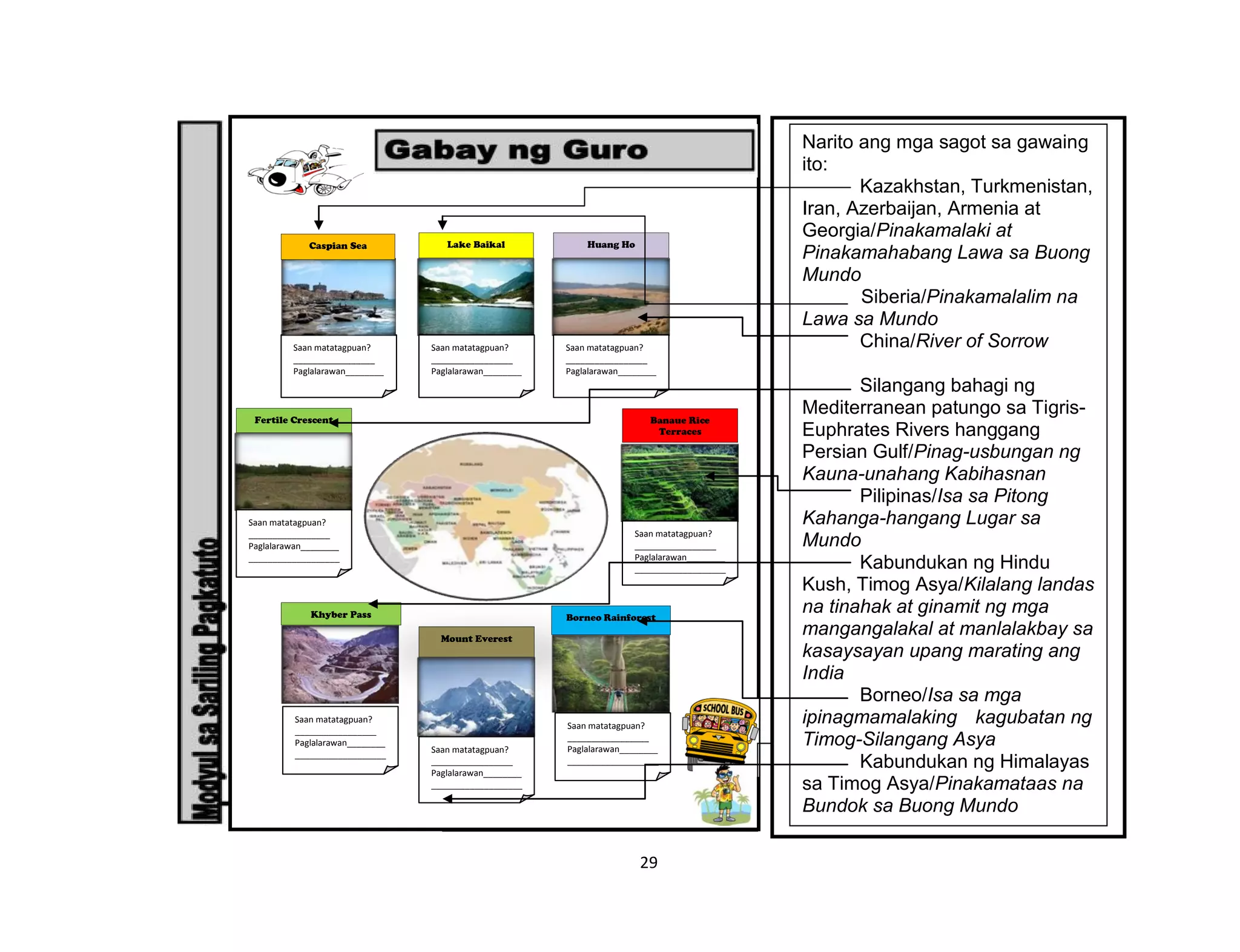 29
Saan matatagpuan?
_________________
Paglalarawan________
___________________
_____________
Saan matatagpuan?
_________________
Paglalarawan________
___________________
_____________
Saan matatagpuan?
_________________
Paglalarawan________
___________________
_____________
Saan matatagpuan?
_________________
Paglalarawan________
___________________
_____________
Saan matatagpuan?
_________________
Paglalarawan________
___________________
_____________
Saan matatagpuan?
_________________
Paglalarawan________
___________________
_____________
Saan matatagpuan?
_________________
Paglalarawan________
___________________
_____________
Saan matatagpuan?
_________________
Paglalarawan________
___________________
_____________
Caspian Sea Lake Baikal Huang Ho
Fertile Crescent Banaue Rice
Terraces
Khyber Pass
Mount Everest
Borneo Rainforest
Narito ang mga sagot sa gawaing
ito:
Kazakhstan, Turkmenistan,
Iran, Azerbaijan, Armenia at
Georgia/Pinakamalaki at
Pinakamahabang Lawa sa Buong
Mundo
Siberia/Pinakamalalim na
Lawa sa Mundo
China/River of Sorrow
Silangang bahagi ng
Mediterranean patungo sa Tigris-
Euphrates Rivers hanggang
Persian Gulf/Pinag-usbungan ng
Kauna-unahang Kabihasnan
Pilipinas/Isa sa Pitong
Kahanga-hangang Lugar sa
Mundo
Kabundukan ng Hindu
Kush, Timog Asya/Kilalang landas
na tinahak at ginamit ng mga
mangangalakal at manlalakbay sa
kasaysayan upang marating ang
India
Borneo/Isa sa mga
ipinagmamalaking kagubatan ng
Timog-Silangang Asya
Kabundukan ng Himalayas
sa Timog Asya/Pinakamataas na
Bundok sa Buong Mundo
 