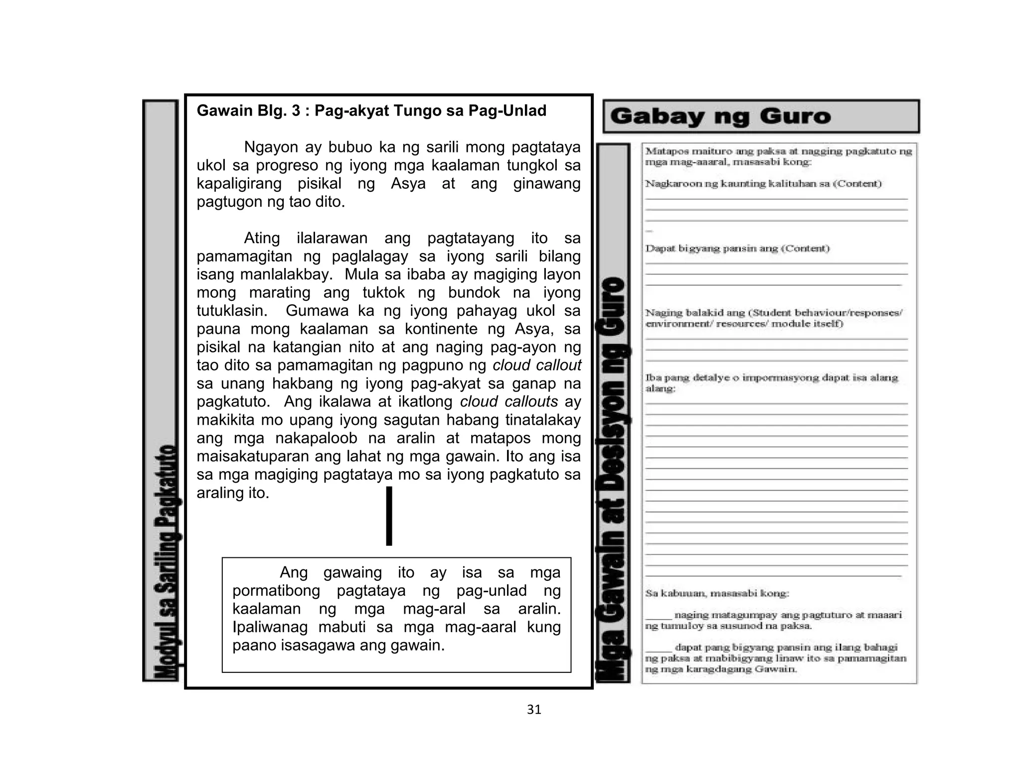 31
Gawain Blg. 3 : Pag-akyat Tungo sa Pag-Unlad
Ngayon ay bubuo ka ng sarili mong pagtataya
ukol sa progreso ng iyong mga kaalaman tungkol sa
kapaligirang pisikal ng Asya at ang ginawang
pagtugon ng tao dito.
Ating ilalarawan ang pagtatayang ito sa
pamamagitan ng paglalagay sa iyong sarili bilang
isang manlalakbay. Mula sa ibaba ay magiging layon
mong marating ang tuktok ng bundok na iyong
tutuklasin. Gumawa ka ng iyong pahayag ukol sa
pauna mong kaalaman sa kontinente ng Asya, sa
pisikal na katangian nito at ang naging pag-ayon ng
tao dito sa pamamagitan ng pagpuno ng cloud callout
sa unang hakbang ng iyong pag-akyat sa ganap na
pagkatuto. Ang ikalawa at ikatlong cloud callouts ay
makikita mo upang iyong sagutan habang tinatalakay
ang mga nakapaloob na aralin at matapos mong
maisakatuparan ang lahat ng mga gawain. Ito ang isa
sa mga magiging pagtataya mo sa iyong pagkatuto sa
araling ito.
Ang gawaing ito ay isa sa mga
pormatibong pagtataya ng pag-unlad ng
kaalaman ng mga mag-aral sa aralin.
Ipaliwanag mabuti sa mga mag-aaral kung
paano isasagawa ang gawain.
 