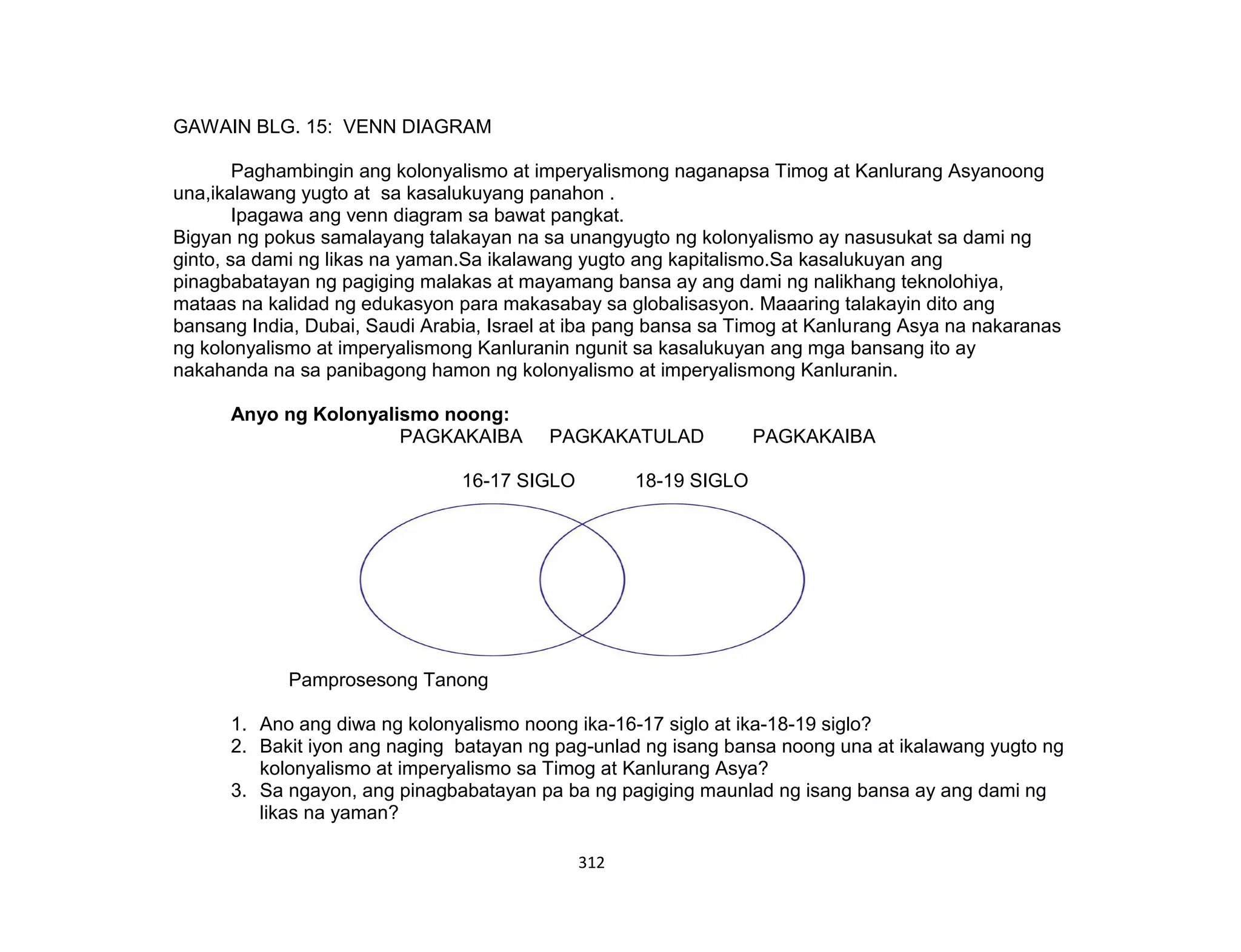 312
GAWAIN BLG. 15: VENN DIAGRAM
Paghambingin ang kolonyalismo at imperyalismong naganapsa Timog at Kanlurang Asyanoong
una,ikalawang yugto at sa kasalukuyang panahon .
Ipagawa ang venn diagram sa bawat pangkat.
Bigyan ng pokus samalayang talakayan na sa unangyugto ng kolonyalismo ay nasusukat sa dami ng
ginto, sa dami ng likas na yaman.Sa ikalawang yugto ang kapitalismo.Sa kasalukuyan ang
pinagbabatayan ng pagiging malakas at mayamang bansa ay ang dami ng nalikhang teknolohiya,
mataas na kalidad ng edukasyon para makasabay sa globalisasyon. Maaaring talakayin dito ang
bansang India, Dubai, Saudi Arabia, Israel at iba pang bansa sa Timog at Kanlurang Asya na nakaranas
ng kolonyalismo at imperyalismong Kanluranin ngunit sa kasalukuyan ang mga bansang ito ay
nakahanda na sa panibagong hamon ng kolonyalismo at imperyalismong Kanluranin.
Anyo ng Kolonyalismo noong:
PAGKAKAIBA PAGKAKATULAD PAGKAKAIBA
16-17 SIGLO 18-19 SIGLO
Pamprosesong Tanong
1. Ano ang diwa ng kolonyalismo noong ika-16-17 siglo at ika-18-19 siglo?
2. Bakit iyon ang naging batayan ng pag-unlad ng isang bansa noong una at ikalawang yugto ng
kolonyalismo at imperyalismo sa Timog at Kanlurang Asya?
3. Sa ngayon, ang pinagbabatayan pa ba ng pagiging maunlad ng isang bansa ay ang dami ng
likas na yaman?
 
