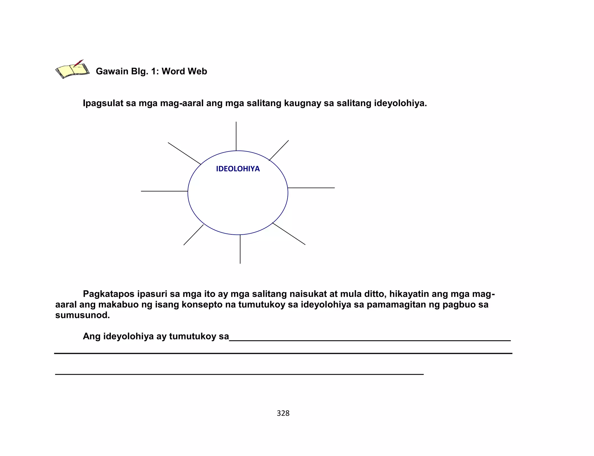 328
Gawain Blg. 1: Word Web
Ipagsulat sa mga mag-aaral ang mga salitang kaugnay sa salitang ideyolohiya.
Pagkatapos ipasuri sa mga ito ay mga salitang naisukat at mula ditto, hikayatin ang mga mag-
aaral ang makabuo ng isang konsepto na tumutukoy sa ideyolohiya sa pamamagitan ng pagbuo sa
sumusunod.
Ang ideyolohiya ay tumutukoy sa_______________________________________________________
________________________________________________________________________
IDEOLOHIYA
 
