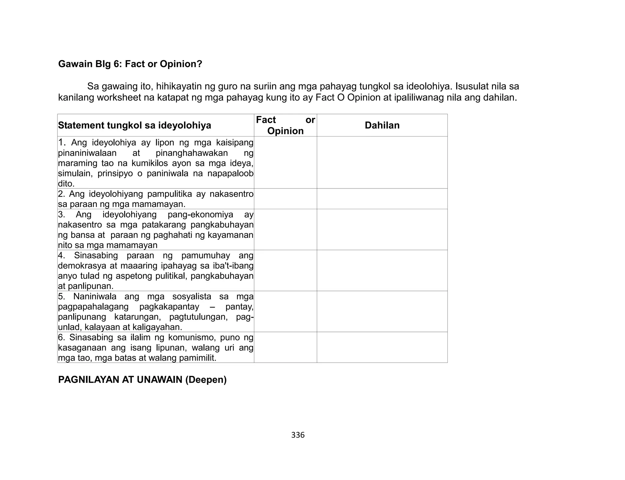 336
Gawain Blg 6: Fact or Opinion?
Sa gawaing ito, hihikayatin ng guro na suriin ang mga pahayag tungkol sa ideolohiya. Isusulat nila sa
kanilang worksheet na katapat ng mga pahayag kung ito ay Fact O Opinion at ipaliliwanag nila ang dahilan.
Statement tungkol sa ideyolohiya
Fact or
Opinion
Dahilan
1. Ang ideyolohiya ay lipon ng mga kaisipang
pinaniniwalaan at pinanghahawakan ng
maraming tao na kumikilos ayon sa mga ideya,
simulain, prinsipyo o paniniwala na napapaloob
dito.
2. Ang ideyolohiyang pampulitika ay nakasentro
sa paraan ng mga mamamayan.
3. Ang ideyolohiyang pang-ekonomiya ay
nakasentro sa mga patakarang pangkabuhayan
ng bansa at paraan ng paghahati ng kayamanan
nito sa mga mamamayan
4. Sinasabing paraan ng pamumuhay ang
demokrasya at maaaring ipahayag sa iba't-ibang
anyo tulad ng aspetong pulitikal, pangkabuhayan
at panlipunan.
5. Naniniwala ang mga sosyalista sa mga
pagpapahalagang pagkakapantay – pantay,
panlipunang katarungan, pagtutulungan, pag-
unlad, kalayaan at kaligayahan.
6. Sinasabing sa ilalim ng komunismo, puno ng
kasaganaan ang isang lipunan, walang uri ang
mga tao, mga batas at walang pamimilit.
PAGNILAYAN AT UNAWAIN (Deepen)
 