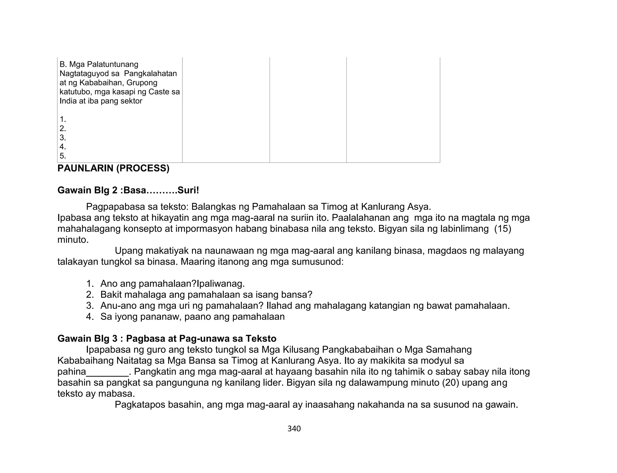 340
B. Mga Palatuntunang
Nagtataguyod sa Pangkalahatan
at ng Kababaihan, Grupong
katutubo, mga kasapi ng Caste sa
India at iba pang sektor
1.
2.
3.
4.
5.
PAUNLARIN (PROCESS)
Gawain Blg 2 :Basa……….Suri!
Pagpapabasa sa teksto: Balangkas ng Pamahalaan sa Timog at Kanlurang Asya.
Ipabasa ang teksto at hikayatin ang mga mag-aaral na suriin ito. Paalalahanan ang mga ito na magtala ng mga
mahahalagang konsepto at impormasyon habang binabasa nila ang teksto. Bigyan sila ng labinlimang (15)
minuto.
Upang makatiyak na naunawaan ng mga mag-aaral ang kanilang binasa, magdaos ng malayang
talakayan tungkol sa binasa. Maaring itanong ang mga sumusunod:
1. Ano ang pamahalaan?Ipaliwanag.
2. Bakit mahalaga ang pamahalaan sa isang bansa?
3. Anu-ano ang mga uri ng pamahalaan? Ilahad ang mahalagang katangian ng bawat pamahalaan.
4. Sa iyong pananaw, paano ang pamahalaan
Gawain Blg 3 : Pagbasa at Pag-unawa sa Teksto
Ipapabasa ng guro ang teksto tungkol sa Mga Kilusang Pangkababaihan o Mga Samahang
Kababaihang Naitatag sa Mga Bansa sa Timog at Kanlurang Asya. Ito ay makikita sa modyul sa
pahina________. Pangkatin ang mga mag-aaral at hayaang basahin nila ito ng tahimik o sabay sabay nila itong
basahin sa pangkat sa pangunguna ng kanilang lider. Bigyan sila ng dalawampung minuto (20) upang ang
teksto ay mabasa.
Pagkatapos basahin, ang mga mag-aaral ay inaasahang nakahanda na sa susunod na gawain.
 