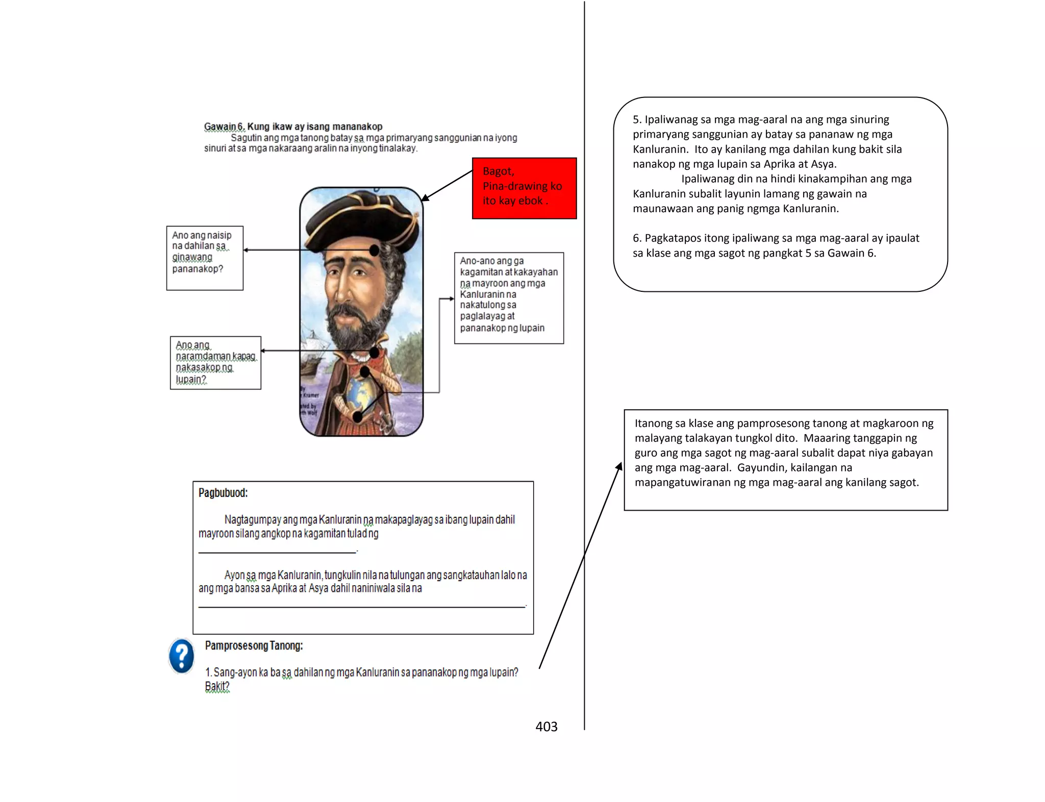 403
5. Ipaliwanag sa mga mag-aaral na ang mga sinuring
primaryang sanggunian ay batay sa pananaw ng mga
Kanluranin. Ito ay kanilang mga dahilan kung bakit sila
nanakop ng mga lupain sa Aprika at Asya.
Ipaliwanag din na hindi kinakampihan ang mga
Kanluranin subalit layunin lamang ng gawain na
maunawaan ang panig ngmga Kanluranin.
6. Pagkatapos itong ipaliwang sa mga mag-aaral ay ipaulat
sa klase ang mga sagot ng pangkat 5 sa Gawain 6.
Itanong sa klase ang pamprosesong tanong at magkaroon ng
malayang talakayan tungkol dito. Maaaring tanggapin ng
guro ang mga sagot ng mag-aaral subalit dapat niya gabayan
ang mga mag-aaral. Gayundin, kailangan na
mapangatuwiranan ng mga mag-aaral ang kanilang sagot.
Bagot,
Pina-drawing ko
ito kay ebok .
 