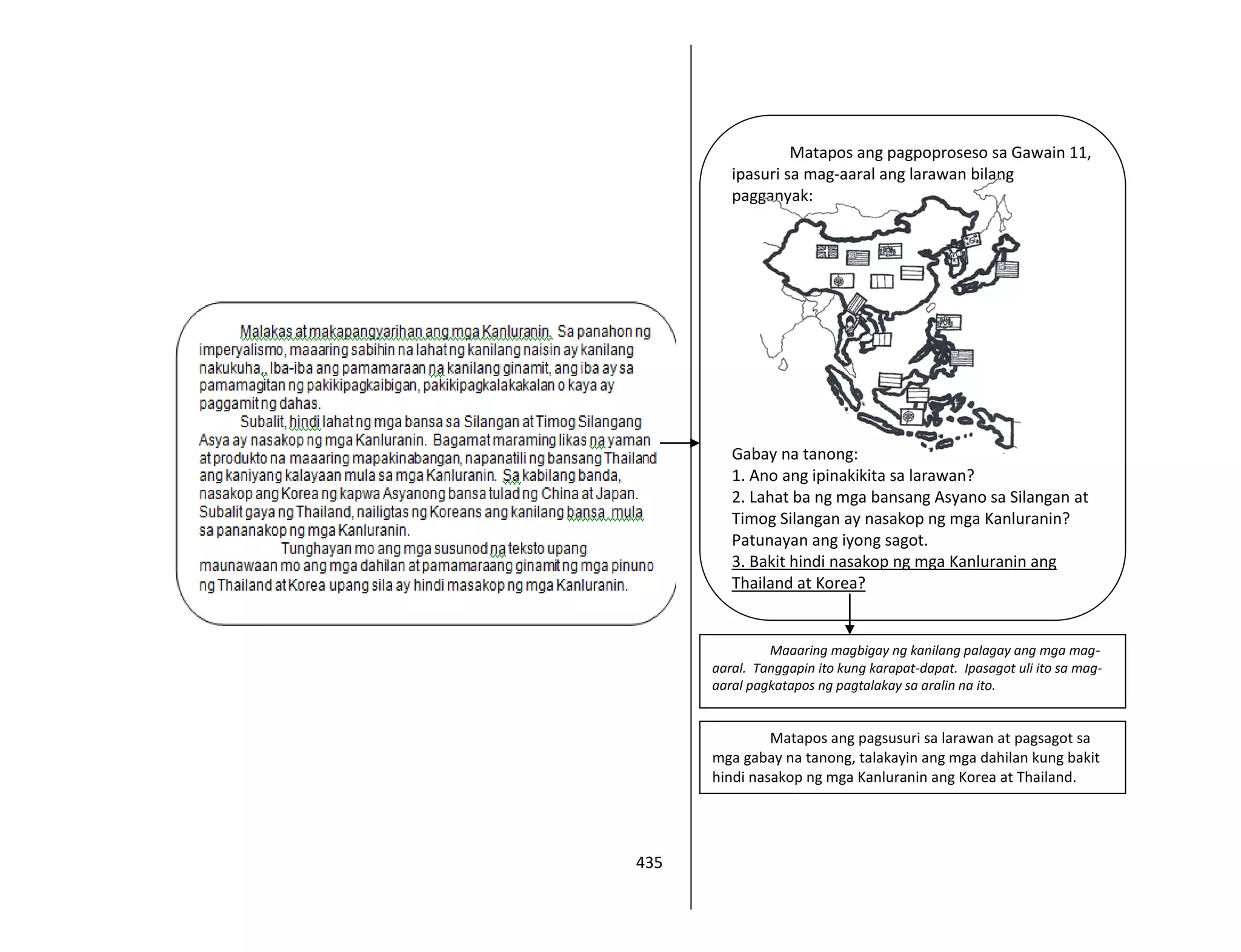 435
Matapos ang pagpoproseso sa Gawain 11,
ipasuri sa mag-aaral ang larawan bilang
pagganyak:
Gabay na tanong:
1. Ano ang ipinakikita sa larawan?
2. Lahat ba ng mga bansang Asyano sa Silangan at
Timog Silangan ay nasakop ng mga Kanluranin?
Patunayan ang iyong sagot.
3. Bakit hindi nasakop ng mga Kanluranin ang
Thailand at Korea?
Maaaring magbigay ng kanilang palagay ang mga mag-
aaral. Tanggapin ito kung karapat-dapat. Ipasagot uli ito sa mag-
aaral pagkatapos ng pagtalakay sa aralin na ito.
Matapos ang pagsusuri sa larawan at pagsagot sa
mga gabay na tanong, talakayin ang mga dahilan kung bakit
hindi nasakop ng mga Kanluranin ang Korea at Thailand.
 