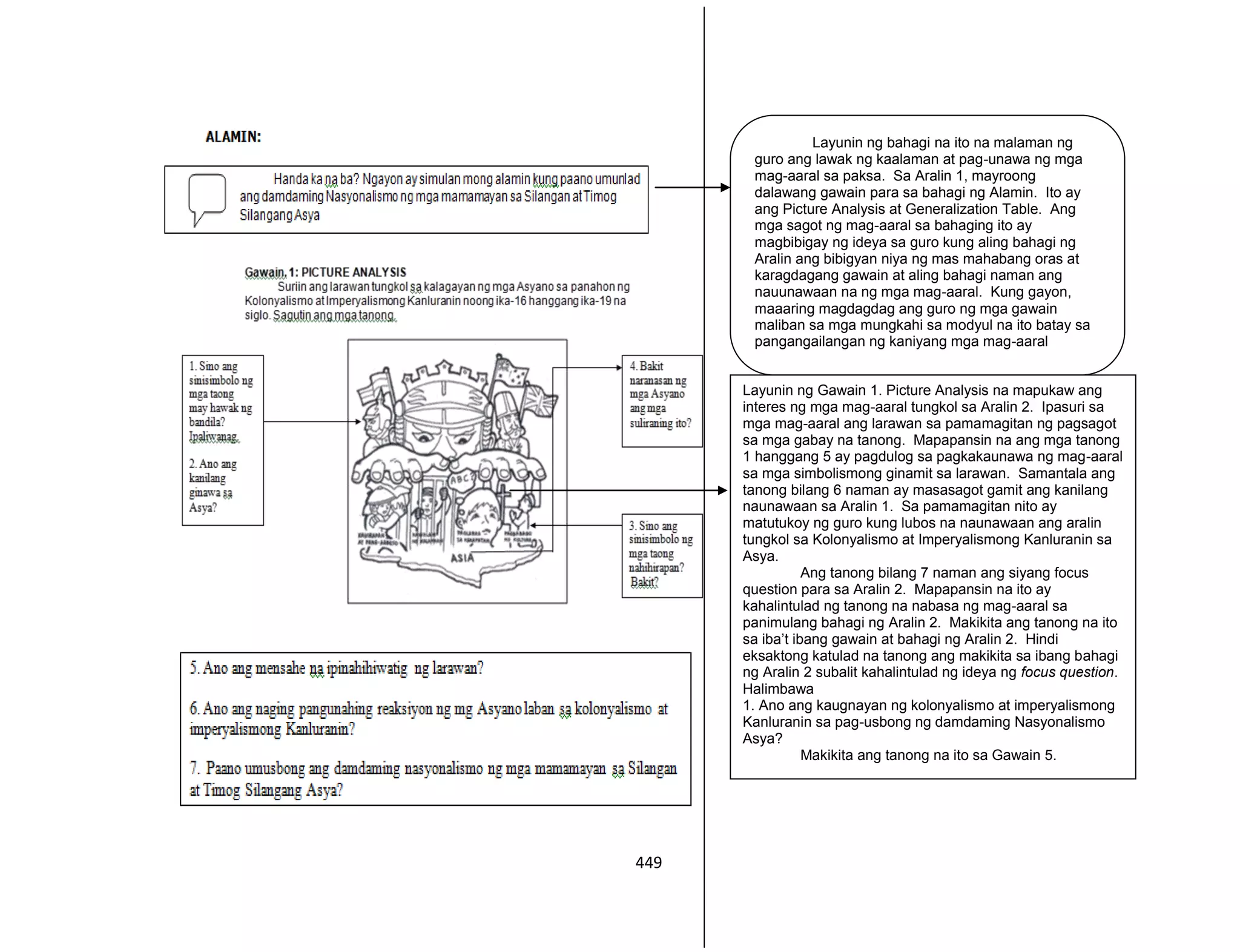 449
Layunin ng bahagi na ito na malaman ng
guro ang lawak ng kaalaman at pag-unawa ng mga
mag-aaral sa paksa. Sa Aralin 1, mayroong
dalawang gawain para sa bahagi ng Alamin. Ito ay
ang Picture Analysis at Generalization Table. Ang
mga sagot ng mag-aaral sa bahaging ito ay
magbibigay ng ideya sa guro kung aling bahagi ng
Aralin ang bibigyan niya ng mas mahabang oras at
karagdagang gawain at aling bahagi naman ang
nauunawaan na ng mga mag-aaral. Kung gayon,
maaaring magdagdag ang guro ng mga gawain
maliban sa mga mungkahi sa modyul na ito batay sa
pangangailangan ng kaniyang mga mag-aaral
Layunin ng Gawain 1. Picture Analysis na mapukaw ang
interes ng mga mag-aaral tungkol sa Aralin 2. Ipasuri sa
mga mag-aaral ang larawan sa pamamagitan ng pagsagot
sa mga gabay na tanong. Mapapansin na ang mga tanong
1 hanggang 5 ay pagdulog sa pagkakaunawa ng mag-aaral
sa mga simbolismong ginamit sa larawan. Samantala ang
tanong bilang 6 naman ay masasagot gamit ang kanilang
naunawaan sa Aralin 1. Sa pamamagitan nito ay
matutukoy ng guro kung lubos na naunawaan ang aralin
tungkol sa Kolonyalismo at Imperyalismong Kanluranin sa
Asya.
Ang tanong bilang 7 naman ang siyang focus
question para sa Aralin 2. Mapapansin na ito ay
kahalintulad ng tanong na nabasa ng mag-aaral sa
panimulang bahagi ng Aralin 2. Makikita ang tanong na ito
sa iba’t ibang gawain at bahagi ng Aralin 2. Hindi
eksaktong katulad na tanong ang makikita sa ibang bahagi
ng Aralin 2 subalit kahalintulad ng ideya ng focus question.
Halimbawa
1. Ano ang kaugnayan ng kolonyalismo at imperyalismong
Kanluranin sa pag-usbong ng damdaming Nasyonalismo
Asya?
Makikita ang tanong na ito sa Gawain 5.
 