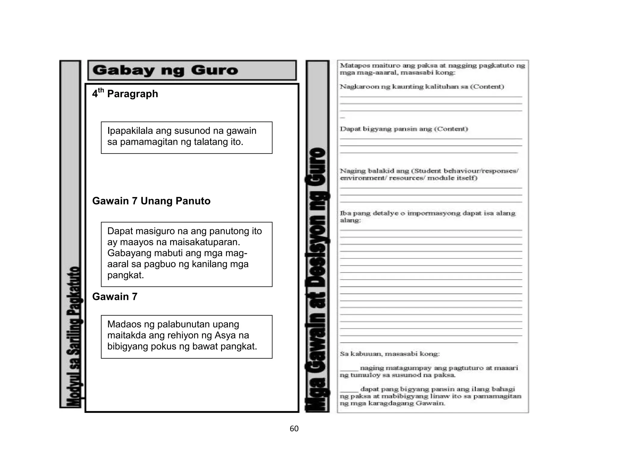 60
4th
Paragraph
Gawain 7 Unang Panuto
Gawain 7
Ipapakilala ang susunod na gawain
sa pamamagitan ng talatang ito.
Dapat masiguro na ang panutong ito
ay maayos na maisakatuparan.
Gabayang mabuti ang mga mag-
aaral sa pagbuo ng kanilang mga
pangkat.
Madaos ng palabunutan upang
maitakda ang rehiyon ng Asya na
bibigyang pokus ng bawat pangkat.
 