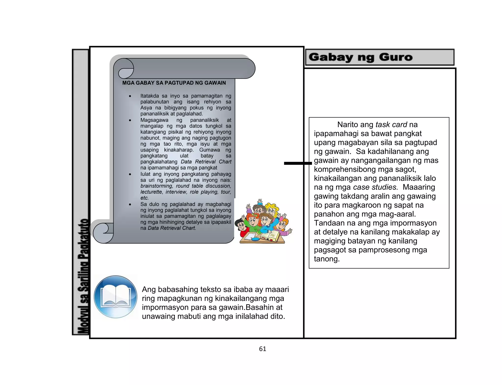 61
Ang babasahing teksto sa ibaba ay maaari
ring mapagkunan ng kinakailangang mga
impormasyon para sa gawain.Basahin at
unawaing mabuti ang mga inilalahad dito.
MGA GABAY SA PAGTUPAD NG GAWAIN
 Itatakda sa inyo sa pamamagitan ng
palabunutan ang isang rehiyon sa
Asya na bibigyang pokus ng inyong
pananaliksik at paglalahad.
 Magsagawa ng pananaliksik at
mangalap ng mga datos tungkol sa
katangiang pisikal ng rehiyong inyong
nabunot, maging ang naging pagtugon
ng mga tao rito, mga isyu at mga
usaping kinakaharap. Gumawa ng
pangkatang ulat batay sa
pangkalahatang Data Retrieval Chart
na ipamamahagi sa mga pangkat
 Iulat ang inyong pangkatang pahayag
sa uri ng paglalahad na inyong nais:
brainstorming, round table discussion,
lecturette, interview, role playing, tour,
etc.
 Sa dulo ng paglalahad ay magbahagi
ng inyong paglalahat tungkol sa inyong
iniulat sa pamamagitan ng paglalagay
ng mga hinihinging detalye sa ipapaskil
na Data Retrieval Chart.
Narito ang task card na
ipapamahagi sa bawat pangkat
upang magabayan sila sa pagtupad
ng gawain. Sa kadahilanang ang
gawain ay nangangailangan ng mas
komprehensibong mga sagot,
kinakailangan ang pananaliksik lalo
na ng mga case studies. Maaaring
gawing takdang aralin ang gawaing
ito para magkaroon ng sapat na
panahon ang mga mag-aaral.
Tandaan na ang mga impormasyon
at detalye na kanilang makakalap ay
magiging batayan ng kanilang
pagsagot sa pamprosesong mga
tanong.
 