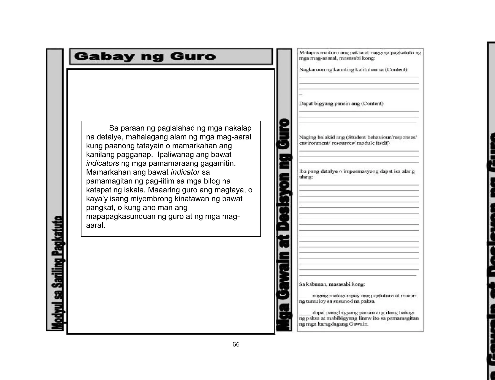 66
Sa paraan ng paglalahad ng mga nakalap
na detalye, mahalagang alam ng mga mag-aaral
kung paanong tatayain o mamarkahan ang
kanilang pagganap. Ipaliwanag ang bawat
indicators ng mga pamamaraang gagamitin.
Mamarkahan ang bawat indicator sa
pamamagitan ng pag-iitim sa mga bilog na
katapat ng iskala. Maaaring guro ang magtaya, o
kaya’y isang miyembrong kinatawan ng bawat
pangkat, o kung ano man ang
mapapagkasunduan ng guro at ng mga mag-
aaral.
 