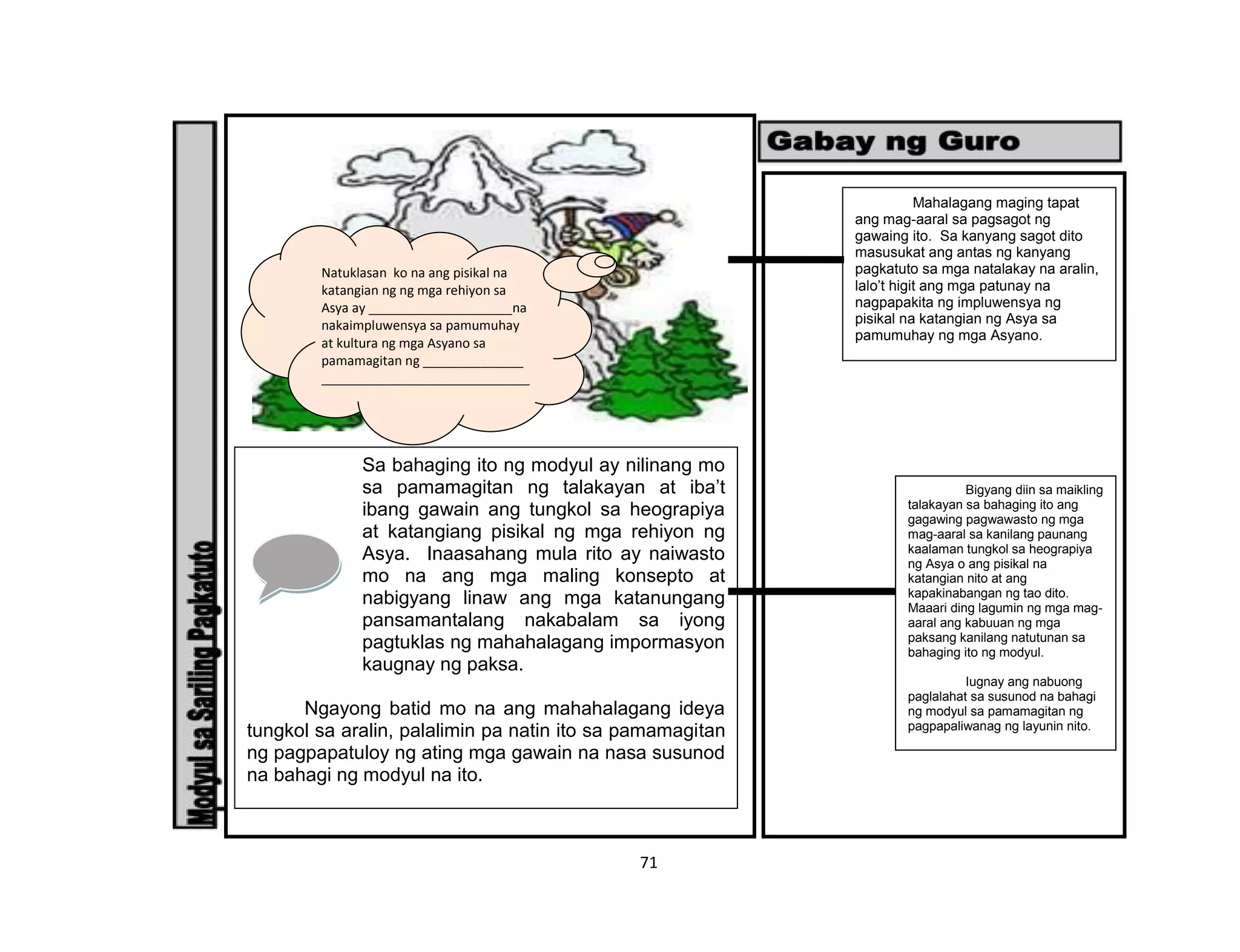 71
Natuklasan ko na ang pisikal na
katangian ng ng mga rehiyon sa
Asya ay ____________________na
nakaimpluwensya sa pamumuhay
at kultura ng mga Asyano sa
pamamagitan ng ______________
_____________________________
_____________________________
________
Sa bahaging ito ng modyul ay nilinang mo
sa pamamagitan ng talakayan at iba’t
ibang gawain ang tungkol sa heograpiya
at katangiang pisikal ng mga rehiyon ng
Asya. Inaasahang mula rito ay naiwasto
mo na ang mga maling konsepto at
nabigyang linaw ang mga katanungang
pansamantalang nakabalam sa iyong
pagtuklas ng mahahalagang impormasyon
kaugnay ng paksa.
Ngayong batid mo na ang mahahalagang ideya
tungkol sa aralin, palalimin pa natin ito sa pamamagitan
ng pagpapatuloy ng ating mga gawain na nasa susunod
na bahagi ng modyul na ito.
Mahalagang maging tapat
ang mag-aaral sa pagsagot ng
gawaing ito. Sa kanyang sagot dito
masusukat ang antas ng kanyang
pagkatuto sa mga natalakay na aralin,
lalo’t higit ang mga patunay na
nagpapakita ng impluwensya ng
pisikal na katangian ng Asya sa
pamumuhay ng mga Asyano.
Bigyang diin sa maikling
talakayan sa bahaging ito ang
gagawing pagwawasto ng mga
mag-aaral sa kanilang paunang
kaalaman tungkol sa heograpiya
ng Asya o ang pisikal na
katangian nito at ang
kapakinabangan ng tao dito.
Maaari ding lagumin ng mga mag-
aaral ang kabuuan ng mga
paksang kanilang natutunan sa
bahaging ito ng modyul.
Iugnay ang nabuong
paglalahat sa susunod na bahagi
ng modyul sa pamamagitan ng
pagpapaliwanag ng layunin nito.
 