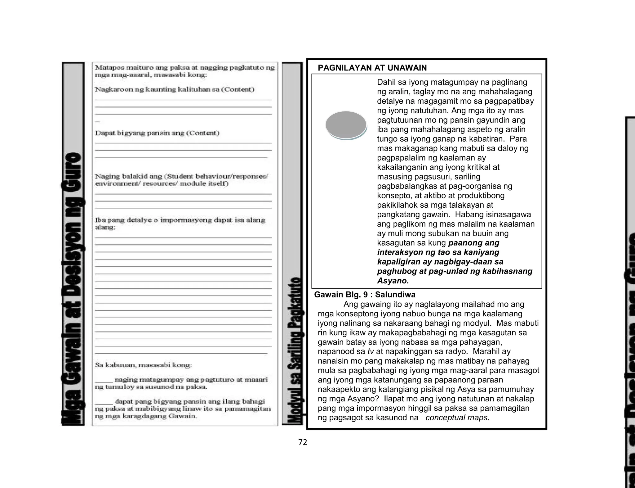 72
PAGNILAYAN AT UNAWAIN
Gawain Blg. 9 : Salundiwa
Ang gawaing ito ay naglalayong mailahad mo ang
mga konseptong iyong nabuo bunga na mga kaalamang
iyong nalinang sa nakaraang bahagi ng modyul. Mas mabuti
rin kung ikaw ay makapagbabahagi ng mga kasagutan sa
gawain batay sa iyong nabasa sa mga pahayagan,
napanood sa tv at napakinggan sa radyo. Marahil ay
nanaisin mo pang makakalap ng mas matibay na pahayag
mula sa pagbabahagi ng iyong mga mag-aaral para masagot
ang iyong mga katanungang sa papaanong paraan
nakaapekto ang katangiang pisikal ng Asya sa pamumuhay
ng mga Asyano? Ilapat mo ang iyong natutunan at nakalap
pang mga impormasyon hinggil sa paksa sa pamamagitan
ng pagsagot sa kasunod na conceptual maps.
Dahil sa iyong matagumpay na paglinang
ng aralin, taglay mo na ang mahahalagang
detalye na magagamit mo sa pagpapatibay
ng iyong natutuhan. Ang mga ito ay mas
pagtutuunan mo ng pansin gayundin ang
iba pang mahahalagang aspeto ng aralin
tungo sa iyong ganap na kabatiran. Para
mas makaganap kang mabuti sa daloy ng
pagpapalalim ng kaalaman ay
kakailanganin ang iyong kritikal at
masusing pagsusuri, sariling
pagbabalangkas at pag-oorganisa ng
konsepto, at aktibo at produktibong
pakikilahok sa mga talakayan at
pangkatang gawain. Habang isinasagawa
ang paglikom ng mas malalim na kaalaman
ay muli mong subukan na buuin ang
kasagutan sa kung paanong ang
interaksyon ng tao sa kaniyang
kapaligiran ay nagbigay-daan sa
paghubog at pag-unlad ng kabihasnang
Asyano.
 