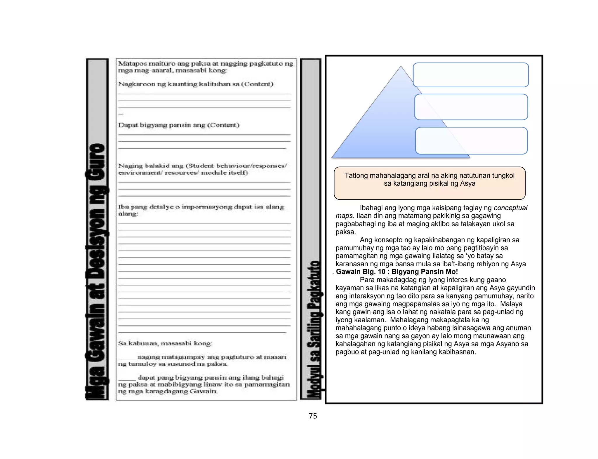75
Ibahagi ang iyong mga kaisipang taglay ng conceptual
maps. Ilaan din ang matamang pakikinig sa gagawing
pagbabahagi ng iba at maging aktibo sa talakayan ukol sa
paksa.
Ang konsepto ng kapakinabangan ng kapaligiran sa
pamumuhay ng mga tao ay lalo mo pang pagtitibayin sa
pamamagitan ng mga gawaing ilalatag sa ‘yo batay sa
karanasan ng mga bansa mula sa iba’t-ibang rehiyon ng Asya
. Gawain Blg. 10 : Bigyang Pansin Mo!
Para makadagdag ng iyong interes kung gaano
kayaman sa likas na katangian at kapaligiran ang Asya gayundin
ang interaksyon ng tao dito para sa kanyang pamumuhay, narito
ang mga gawaing magpapamalas sa iyo ng mga ito. Malaya
kang gawin ang isa o lahat ng nakatala para sa pag-unlad ng
iyong kaalaman. Mahalagang makapagtala ka ng
mahahalagang punto o ideya habang isinasagawa ang anuman
sa mga gawain nang sa gayon ay lalo mong maunawaan ang
kahalagahan ng katangiang pisikal ng Asya sa mga Asyano sa
pagbuo at pag-unlad ng kanilang kabihasnan.
Tatlong mahahalagang aral na aking natutunan tungkol
sa katangiang pisikal ng Asya
 