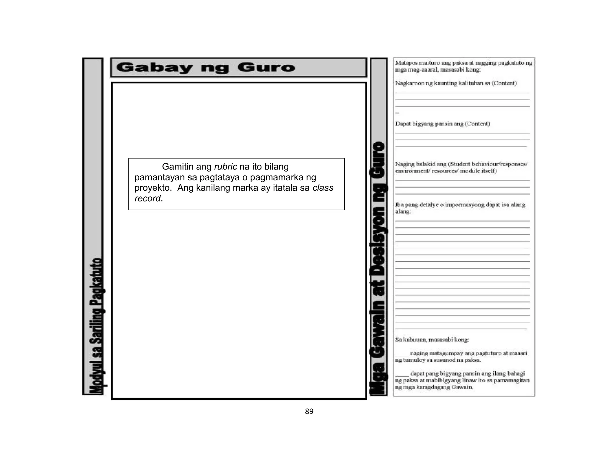 89
Gamitin ang rubric na ito bilang
pamantayan sa pagtataya o pagmamarka ng
proyekto. Ang kanilang marka ay itatala sa class
record.
 