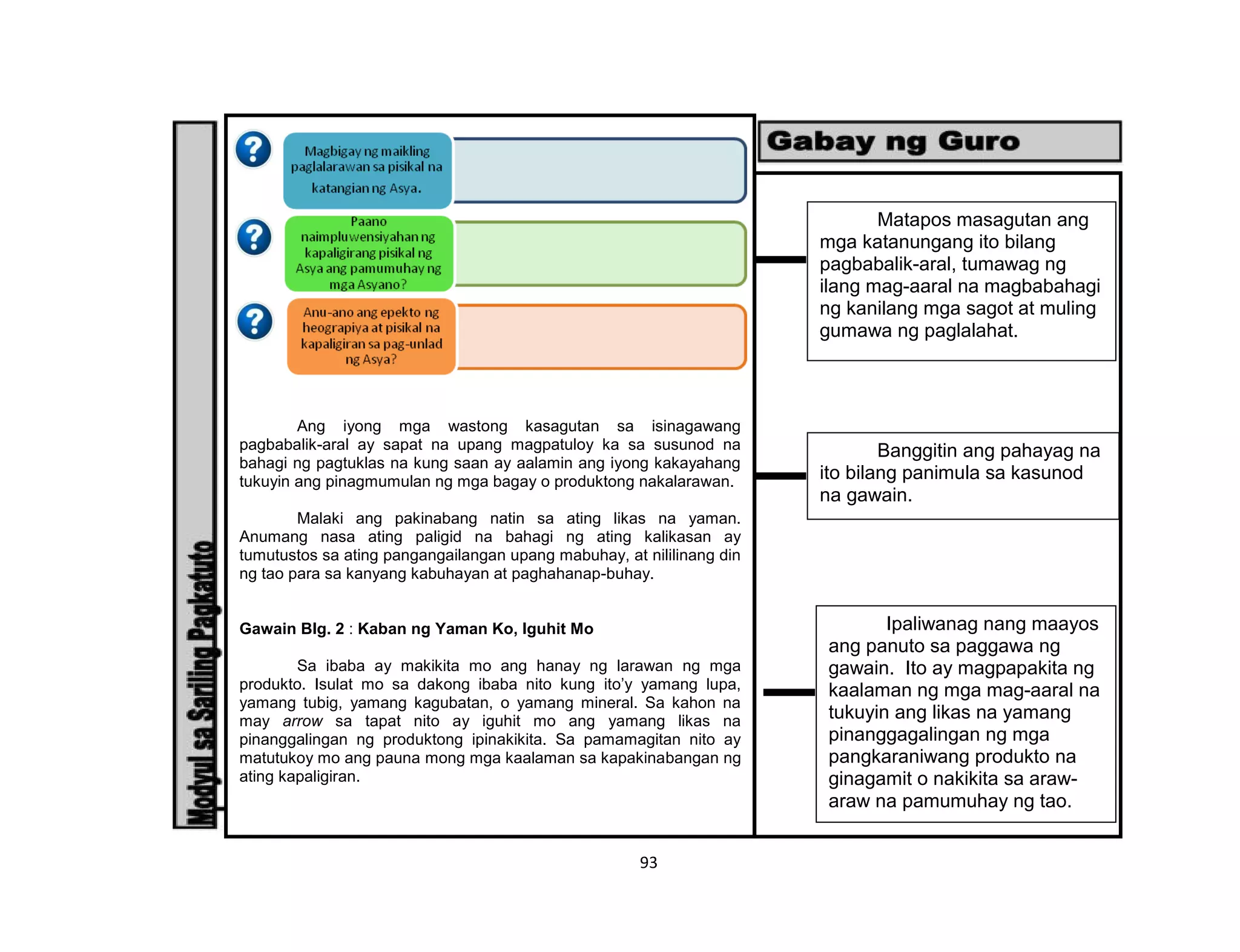 93
Ang iyong mga wastong kasagutan sa isinagawang
pagbabalik-aral ay sapat na upang magpatuloy ka sa susunod na
bahagi ng pagtuklas na kung saan ay aalamin ang iyong kakayahang
tukuyin ang pinagmumulan ng mga bagay o produktong nakalarawan.
Malaki ang pakinabang natin sa ating likas na yaman.
Anumang nasa ating paligid na bahagi ng ating kalikasan ay
tumutustos sa ating pangangailangan upang mabuhay, at nililinang din
ng tao para sa kanyang kabuhayan at paghahanap-buhay.
Gawain Blg. 2 : Kaban ng Yaman Ko, Iguhit Mo
Sa ibaba ay makikita mo ang hanay ng larawan ng mga
produkto. Isulat mo sa dakong ibaba nito kung ito’y yamang lupa,
yamang tubig, yamang kagubatan, o yamang mineral. Sa kahon na
may arrow sa tapat nito ay iguhit mo ang yamang likas na
pinanggalingan ng produktong ipinakikita. Sa pamamagitan nito ay
matutukoy mo ang pauna mong mga kaalaman sa kapakinabangan ng
ating kapaligiran.
Matapos masagutan ang
mga katanungang ito bilang
pagbabalik-aral, tumawag ng
ilang mag-aaral na magbabahagi
ng kanilang mga sagot at muling
gumawa ng paglalahat.
Banggitin ang pahayag na
ito bilang panimula sa kasunod
na gawain.
Ipaliwanag nang maayos
ang panuto sa paggawa ng
gawain. Ito ay magpapakita ng
kaalaman ng mga mag-aaral na
tukuyin ang likas na yamang
pinanggagalingan ng mga
pangkaraniwang produkto na
ginagamit o nakikita sa araw-
araw na pamumuhay ng tao.
 
