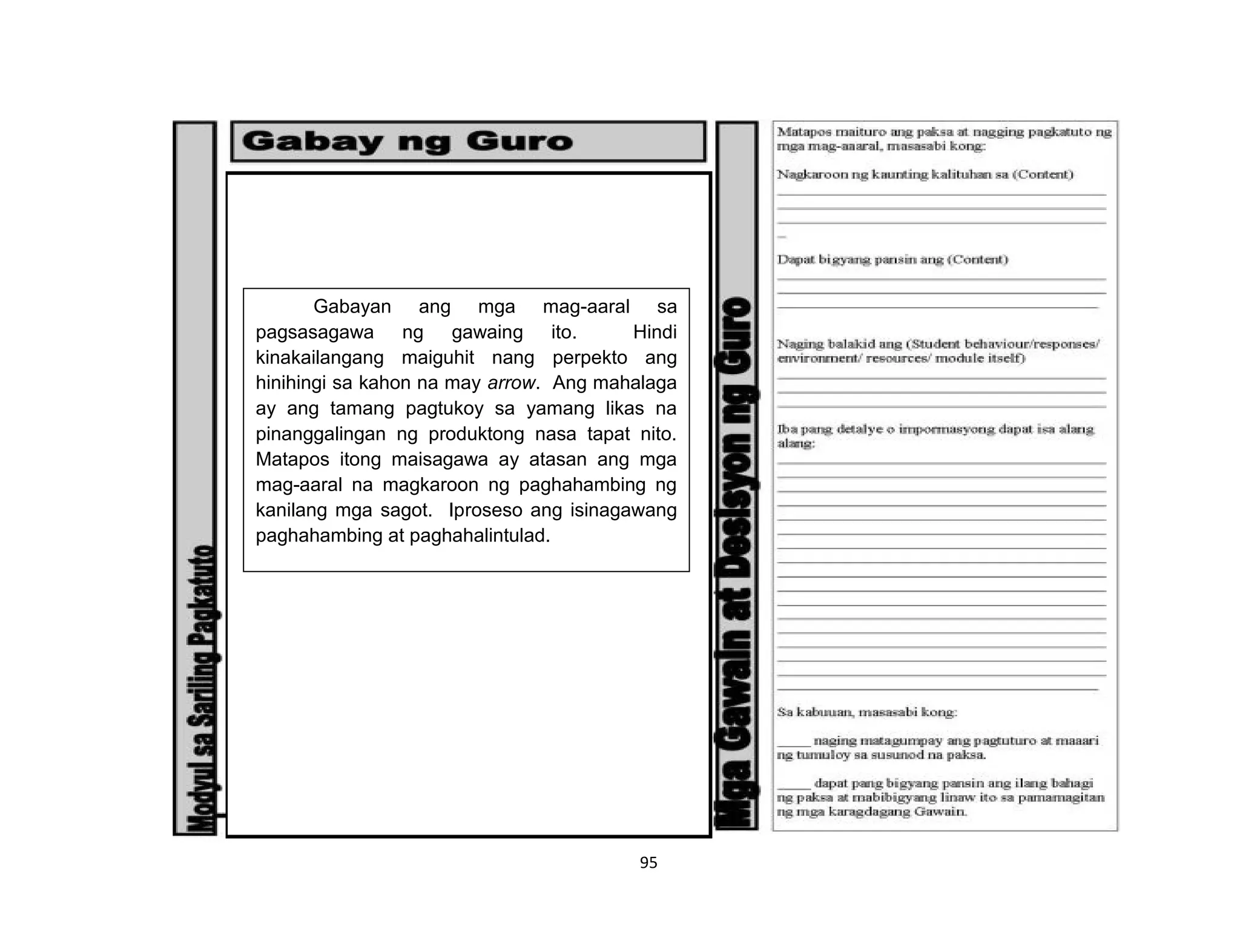 95
Gabayan ang mga mag-aaral sa
pagsasagawa ng gawaing ito. Hindi
kinakailangang maiguhit nang perpekto ang
hinihingi sa kahon na may arrow. Ang mahalaga
ay ang tamang pagtukoy sa yamang likas na
pinanggalingan ng produktong nasa tapat nito.
Matapos itong maisagawa ay atasan ang mga
mag-aaral na magkaroon ng paghahambing ng
kanilang mga sagot. Iproseso ang isinagawang
paghahambing at paghahalintulad.
 