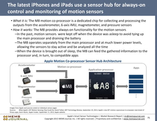 75
Apple’s Smart Sensor Technologies | Market Research Report | mr@memsjournal.com
Copyright 2015 MEMS Journal, Inc. | All rights reserved. | Proprietary and confidential. | www.memsjournal.com
The latest iPhones and iPads use a sensor hub for always-on
control and monitoring of motion sensors
• What it is: The M8 motion co-processor is a dedicated chip for collecting and processing the
outputs from the accelerometer, 6-axis IMU, magnetometer, and pressure sensors
• How it works: The M8 provides always-on functionality for the motion sensors
–In the past, motion sensors were kept off when the device was asleep to avoid tying up
the main processor and draining the battery
–The M8 operates separately from the main processor and at much lower power levels,
allowing the sensors to stay active and be analyzed all the time
–When the device is brought out of sleep, the M8 can feed the gathered information to the
processor and, in turn, to compatible apps
Images from Apple and sources noted on individual sensor pages
Sources: What Apple’s M7 Motion-Sensing Chip Could Do, David Talbot, MIT Technology Review, September 25, 2013; Apple's new M7 motion coprocessor to empower new breed of
fitness apps, Kevin Bostic, Apple Insider, September 11, 2013; Apple website
Motion co-processor
Application processor
Accelerometer
6-axis IMU
Magnetometer
:
:
Apps
Apple Motion Co-processor Sensor Hub Architecture
Pressure
 