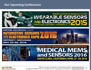210
Apple’s Smart Sensor Technologies | Market Research Report | mr@memsjournal.com
Copyright 2015 MEMS Journal, Inc. | All rights reserved. | Proprietary and confidential. | www.memsjournal.com
Our Upcoming Conferences
 