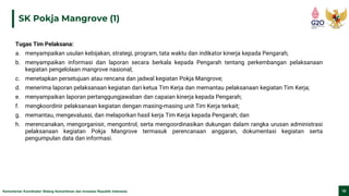 Kementerian Koordinator Bidang Kemaritiman dan Investasi Republik Indonesia 10
SK Pokja Mangrove (1)
Tugas Tim Pelaksana:
a. menyampaikan usulan kebijakan, strategi, program, tata waktu dan indikator kinerja kepada Pengarah;
b. menyampaikan informasi dan laporan secara berkala kepada Pengarah tentang perkembangan pelaksanaan
kegiatan pengelolaan mangrove nasional;
c. menetapkan persetujuan atau rencana dan jadwal kegiatan Pokja Mangrove;
d. menerima laporan pelaksanaan kegiatan dari ketua Tim Kerja dan memantau pelaksanaan kegiatan Tim Kerja;
e. menyampaikan laporan pertanggungjawaban dan capaian kinerja kepada Pengarah;
f. mengkoordinir pelaksanaan kegiatan dengan masing-masing unit Tim Kerja terkait;
g. memantau, mengevaluasi, dan melaporkan hasil kerja Tim Kerja kepada Pengarah; dan
h. merencanakan, mengorganisir, mengontrol, serta mengoordinasikan dukungan dalam rangka urusan administrasi
pelaksanaan kegiatan Pokja Mangrove termasuk perencanaan anggaran, dokumentasi kegiatan serta
pengumpulan data dan informasi.
 