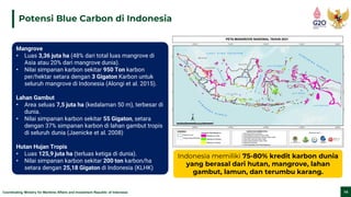 Coordinating Ministry for Maritime Affairs and Investment Republic of Indonesia 14
Potensi Blue Carbon di Indonesia
Mangrove
• Luas 3,36 juta ha (48% dari total luas mangrove di
Asia atau 20% dari mangrove dunia).
• Nilai simpanan karbon sekitar 950 Ton karbon
per/hektar setara dengan 3 Gigaton Karbon untuk
seluruh mangrove di Indonesia (Alongi et al. 2015).
Lahan Gambut
• Area seluas 7,5 juta ha (kedalaman 50 m), terbesar di
dunia.
• Nilai simpanan karbon sekitar 55 Gigaton, setara
dengan 37% simpanan karbon di lahan gambut tropis
di seluruh dunia (Jaenicke et al. 2008)
Hutan Hujan Tropis
• Luas 125,9 juta ha (terluas ketiga di dunia).
• Nilai simpanan karbon sekitar 200 ton karbon/ha
setara dengan 25,18 Gigaton di Indonesia (KLHK)
Indonesia memiliki 75-80% kredit karbon dunia
yang berasal dari hutan, mangrove, lahan
gambut, lamun, dan terumbu karang.
 