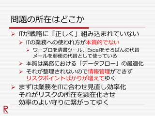 問題の所在はどこか
 ITが戦略に「正しく」組み込まれていない
 ITの業務への使われ方が本質的でない
 ワープロを清書ツール、Excelをそろばんの代替
メールを郵便の代替として使っている
 本質は業務における「データフロー」の最適化
 それが整理されないので情報管理ができず
リスクポイントばかりが増えてゆく
 まずは業務をITに合わせ見直し効率化
それがリスクの所在を顕在化させ
効率のよい守りに繋がってゆく
 