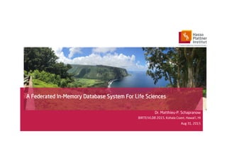 A Federated In-Memory Database System For Life Sciences
Dr. Matthieu-P. Schapranow
BIRTE/VLDB 2015, Kohala Coast, Hawai’i, HI
Aug 31, 2015
 